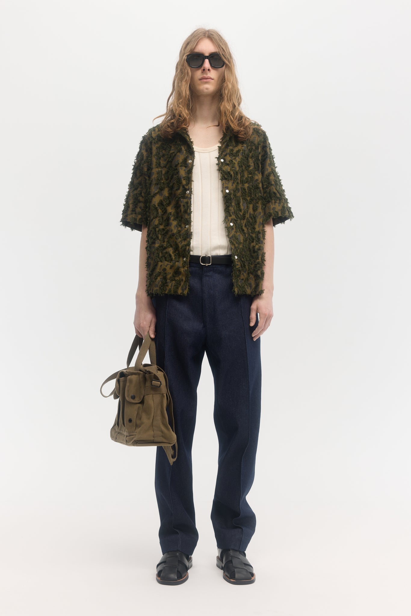 Abstract camouflage jacquard relaxed fit short sleeve shirt