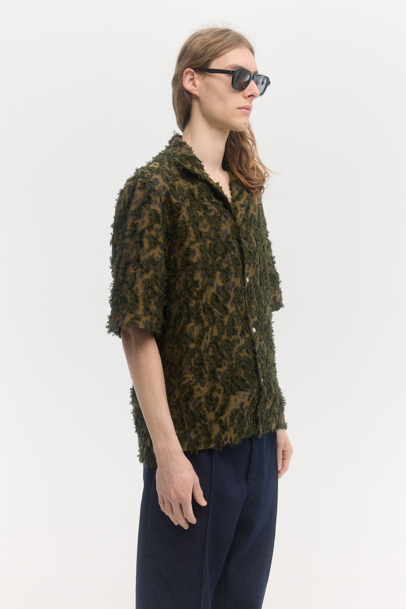 Abstract camouflage jacquard relaxed fit short sleeve shirt