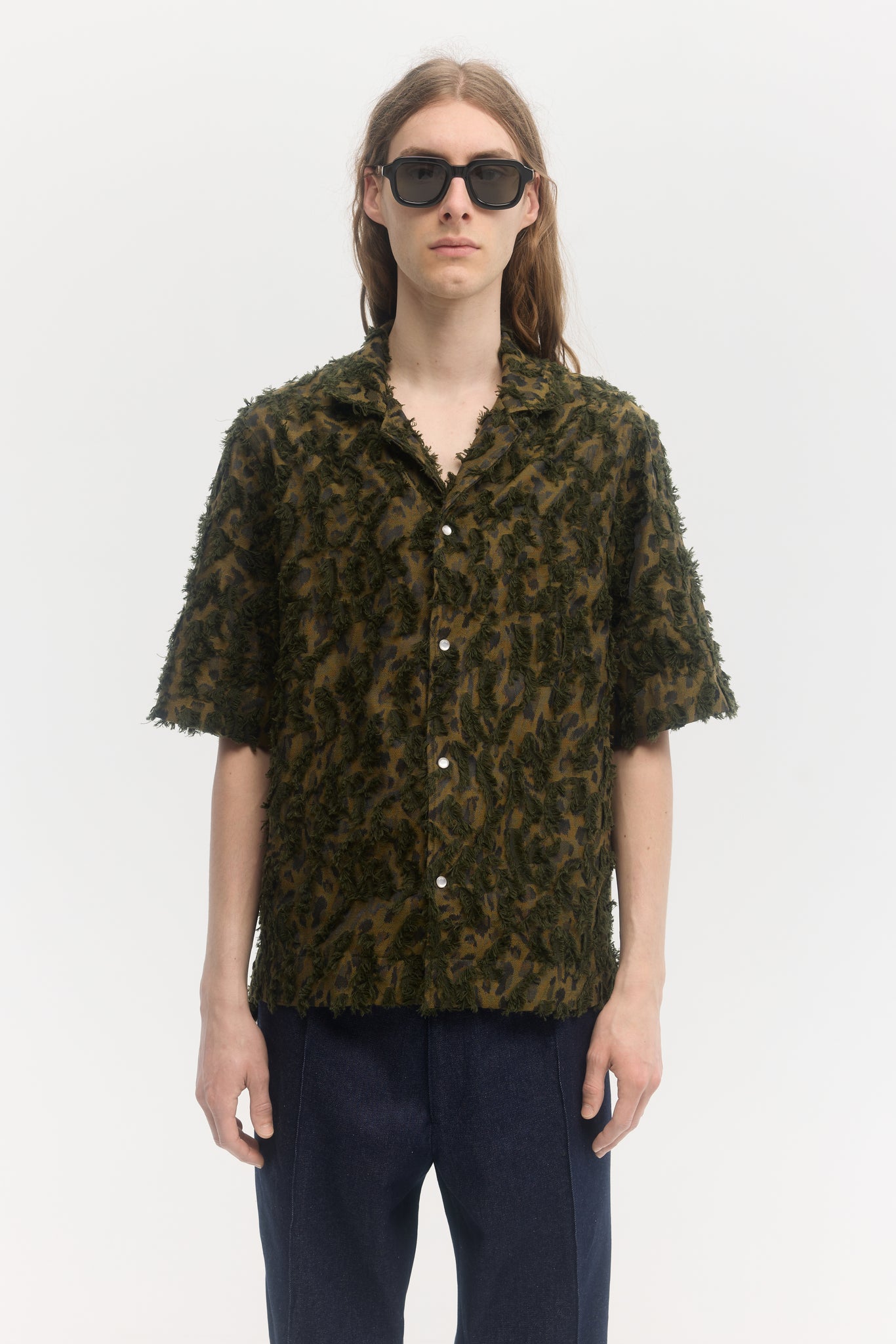 Abstract camouflage jacquard relaxed fit short sleeve shirt