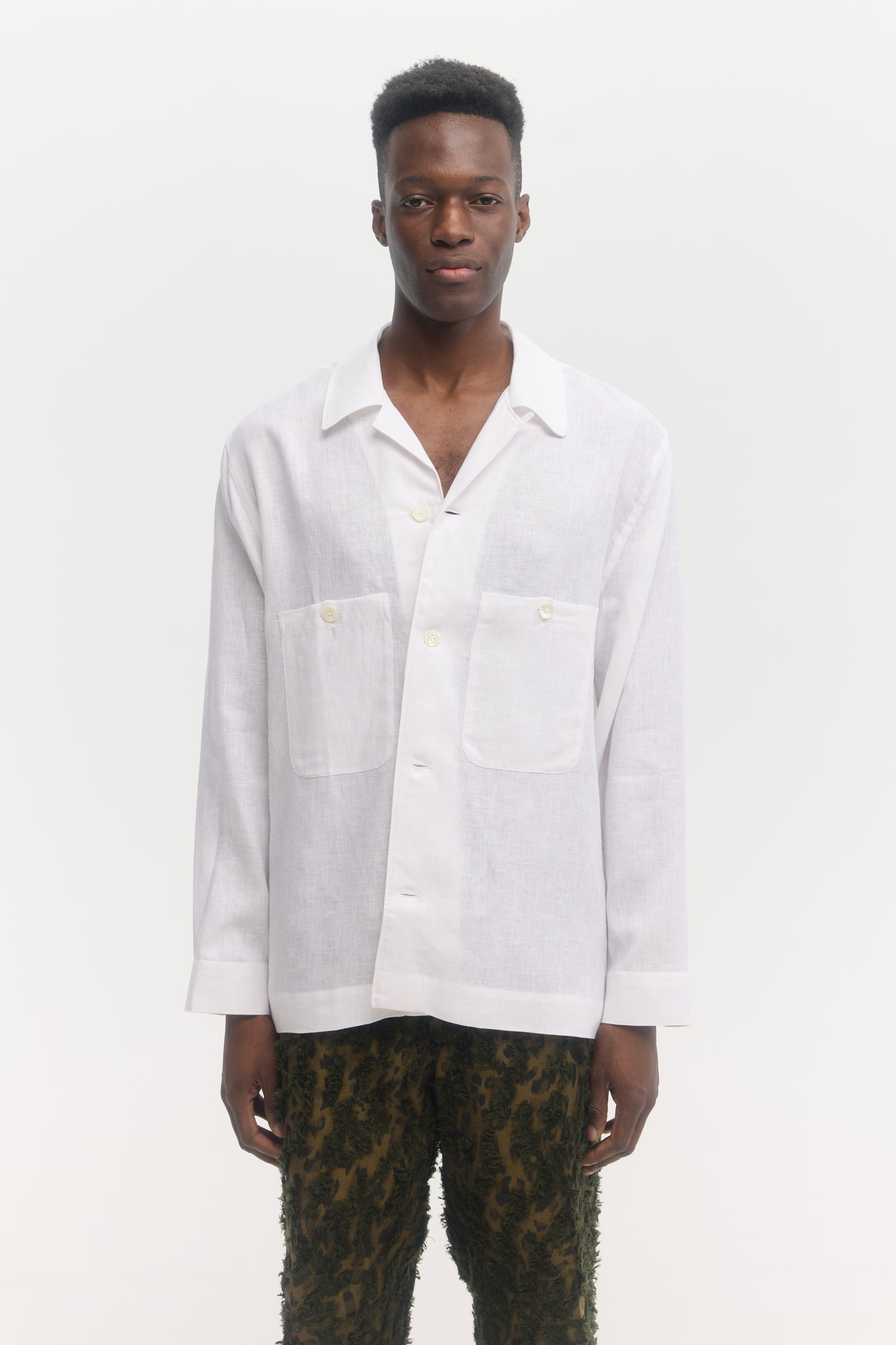 White pure linen long-sleeve overshirt