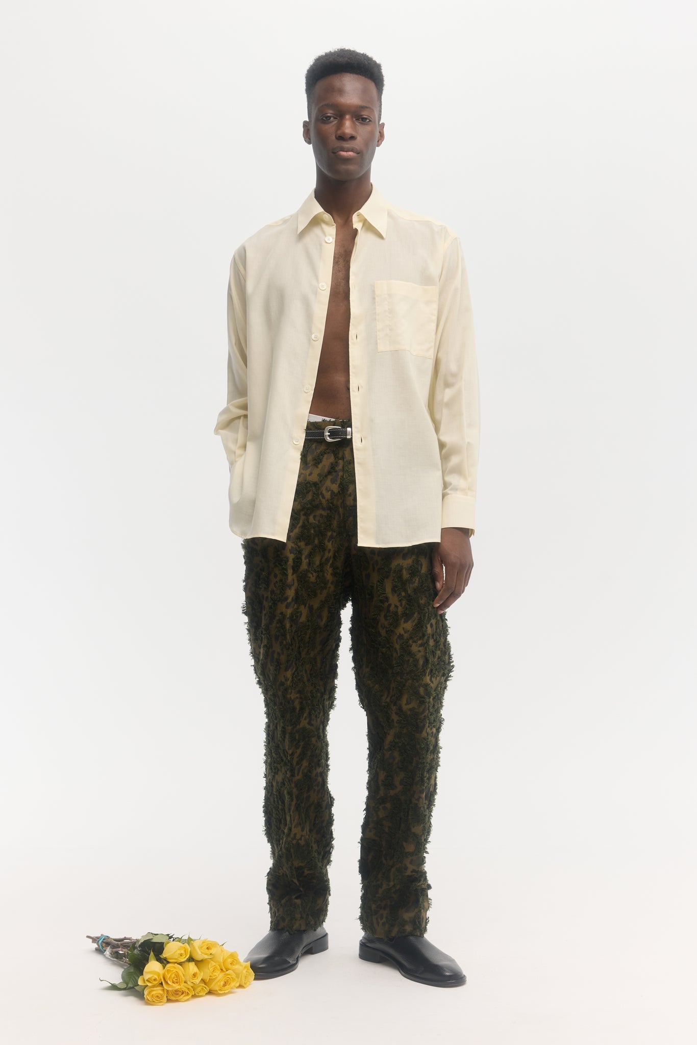 Butter yellow superlight wool-cotton voile relaxed shirt