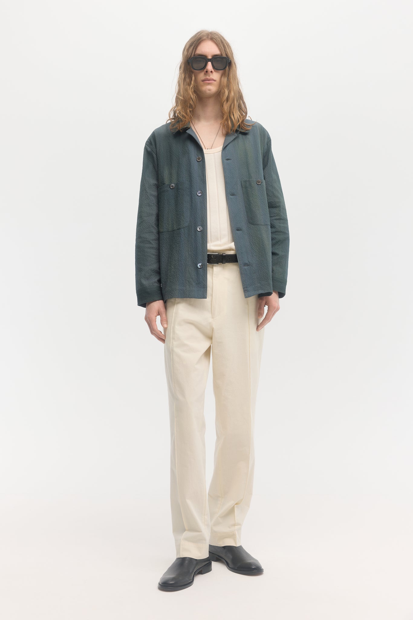 Iridescent custom dyed cotton seersucker long-sleeve overshirt