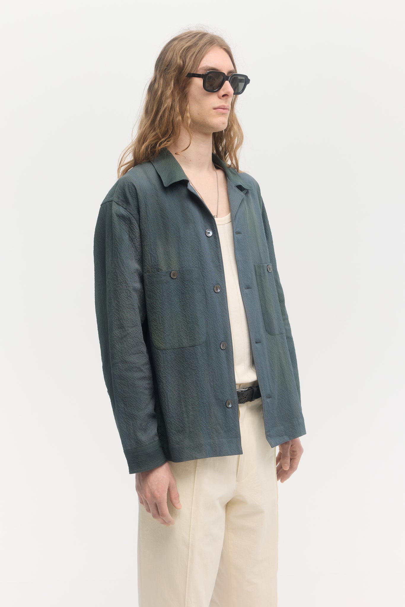 Iridescent custom dyed cotton seersucker long-sleeve overshirt