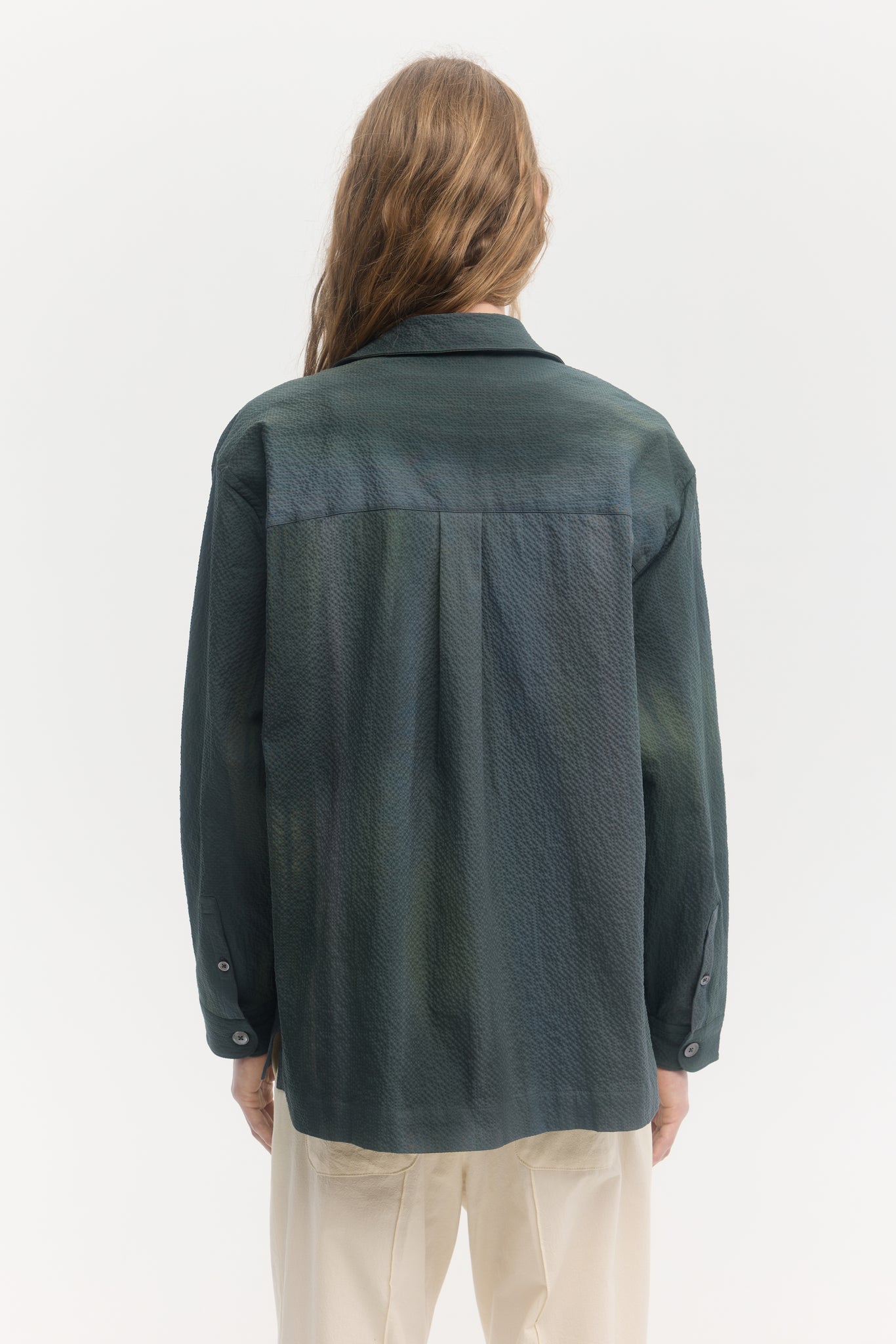 Iridescent custom dyed cotton seersucker long-sleeve overshirt