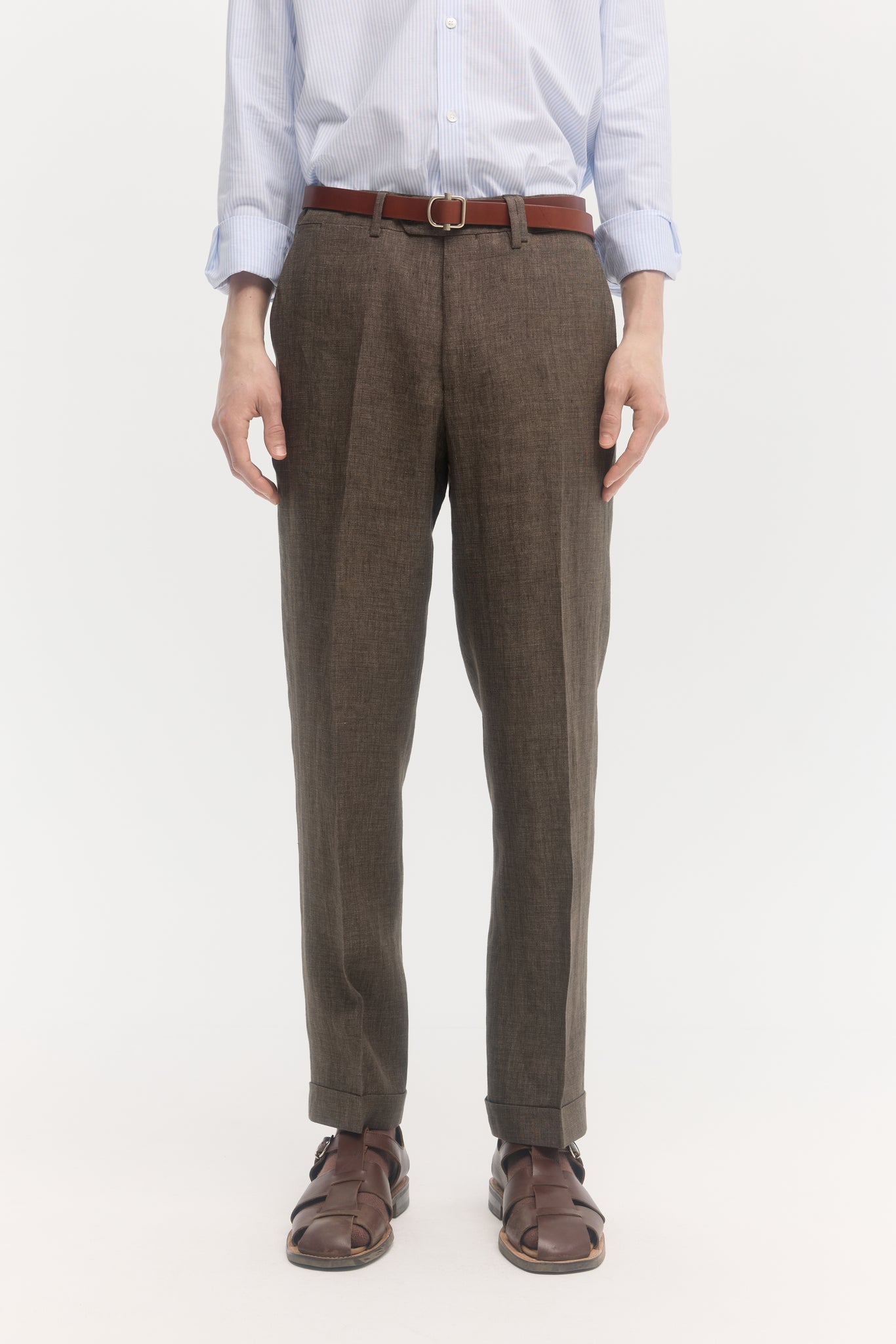 Brown hopsack linen straight trousers