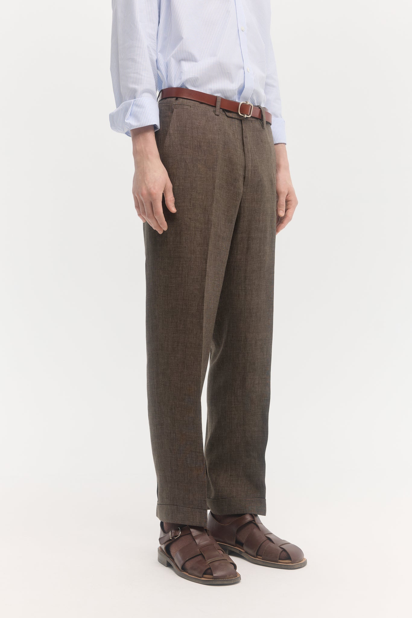 Brown hopsack linen straight trousers