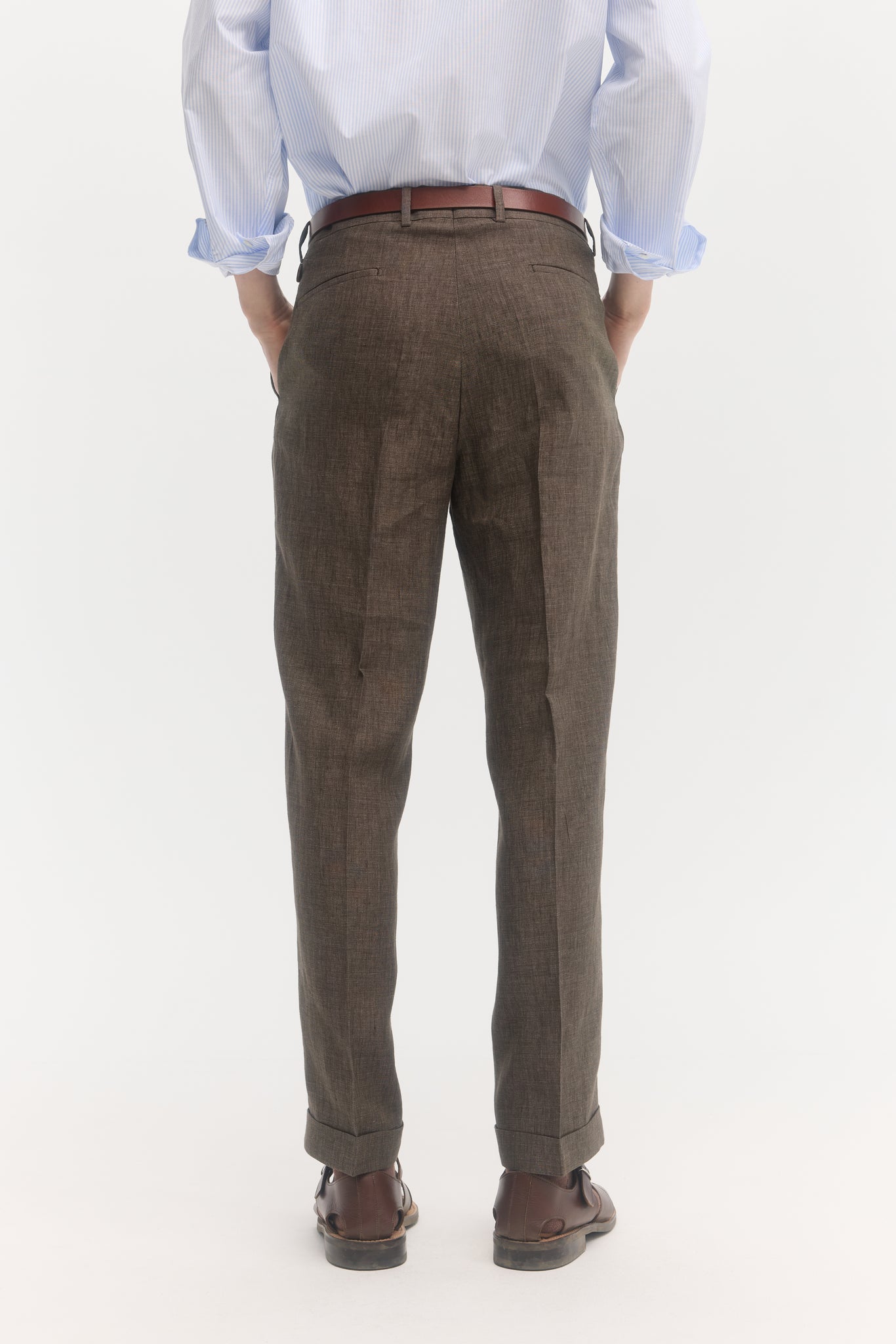 Brown hopsack linen straight trousers