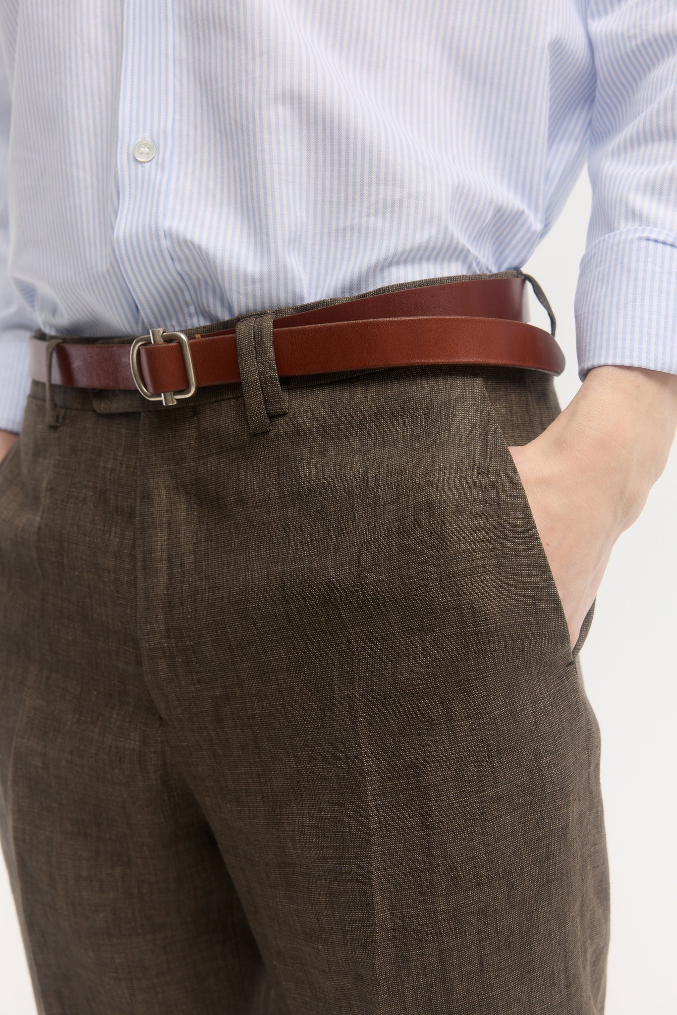 Brown hopsack linen straight trousers