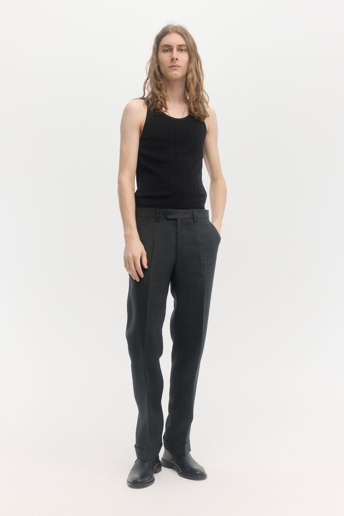 Petrol green linen straight trousers