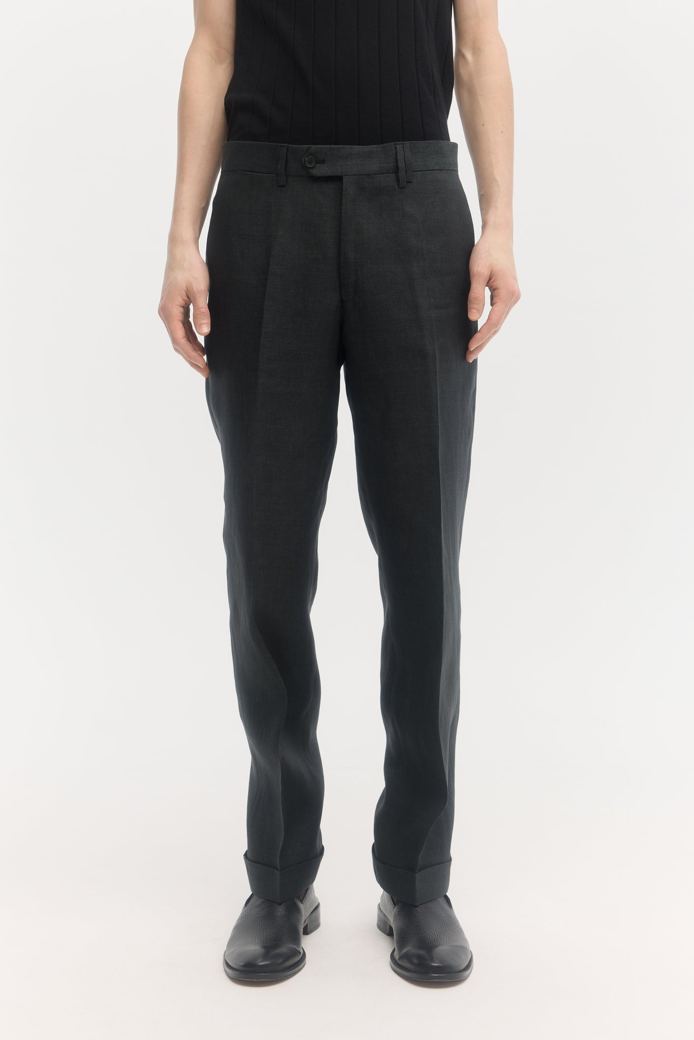 Petrol green linen straight trousers