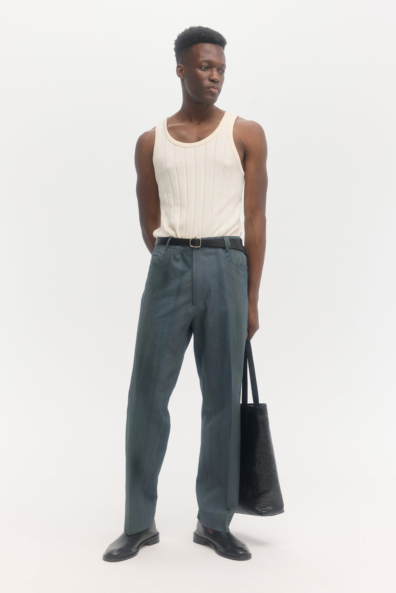 Iridescent custom dyed cotton seersucker straight trousers