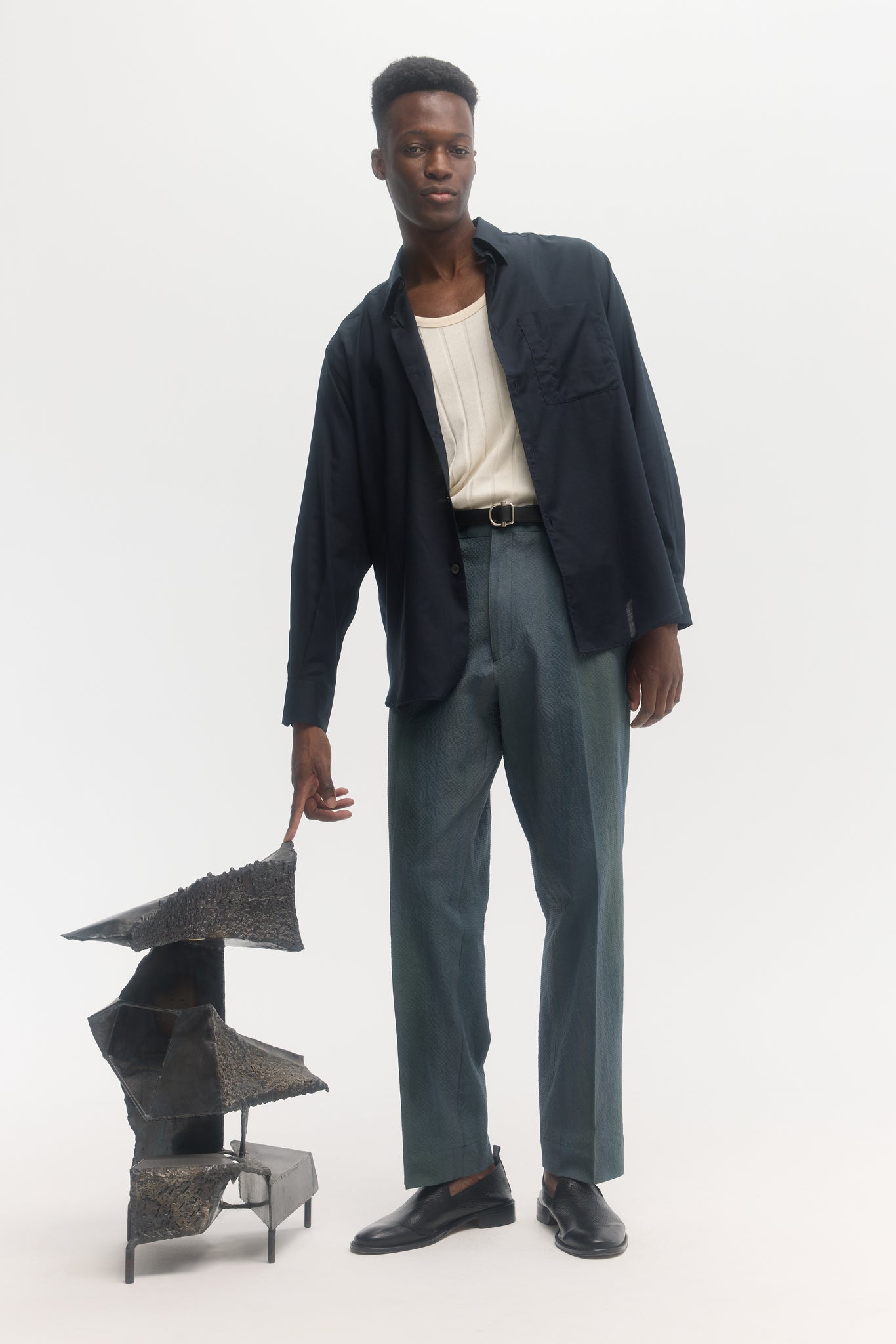 Midnight blue superlight wool-cotton voile relaxed shirt