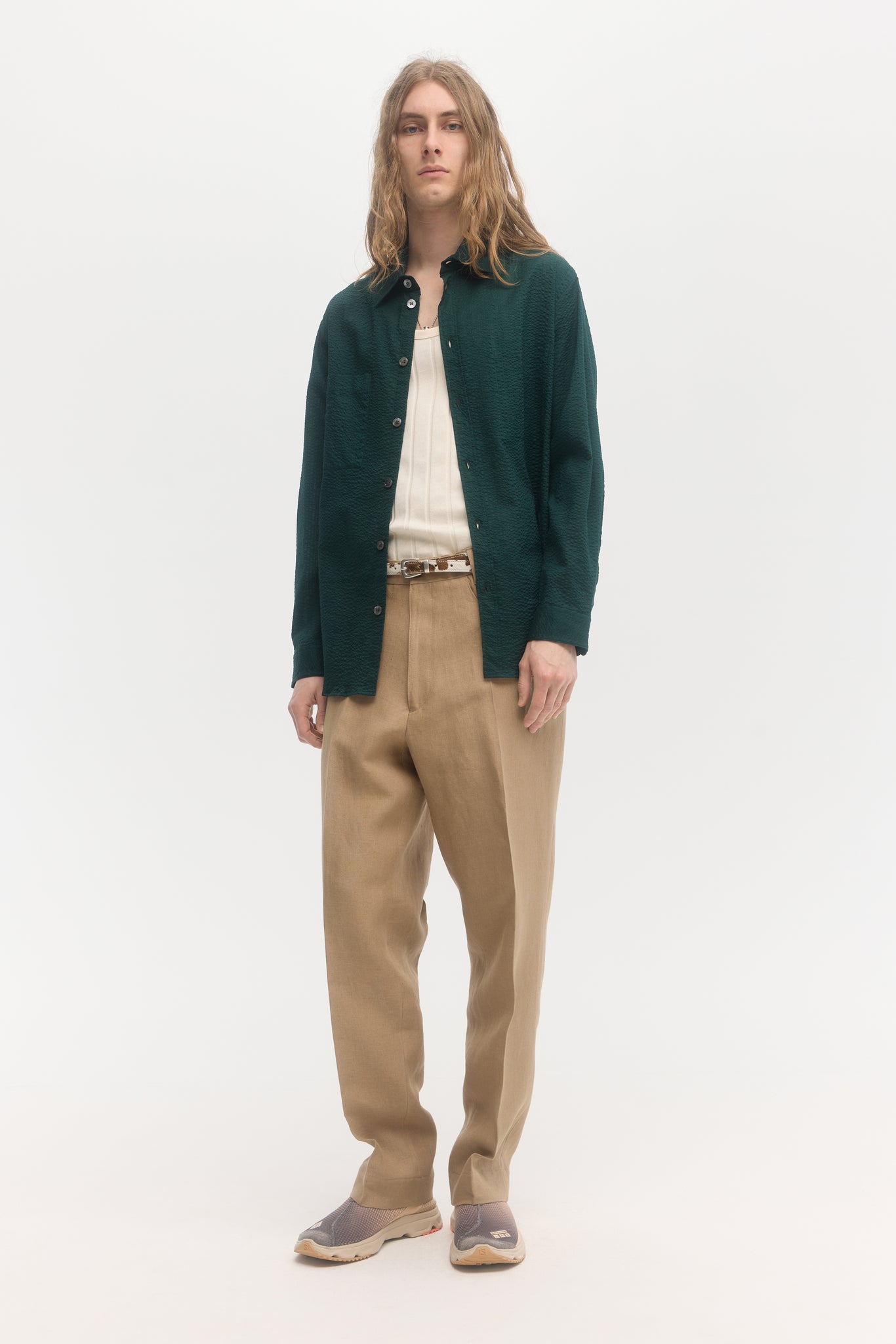 Chemise à manches longues en crépon de coton vert pin