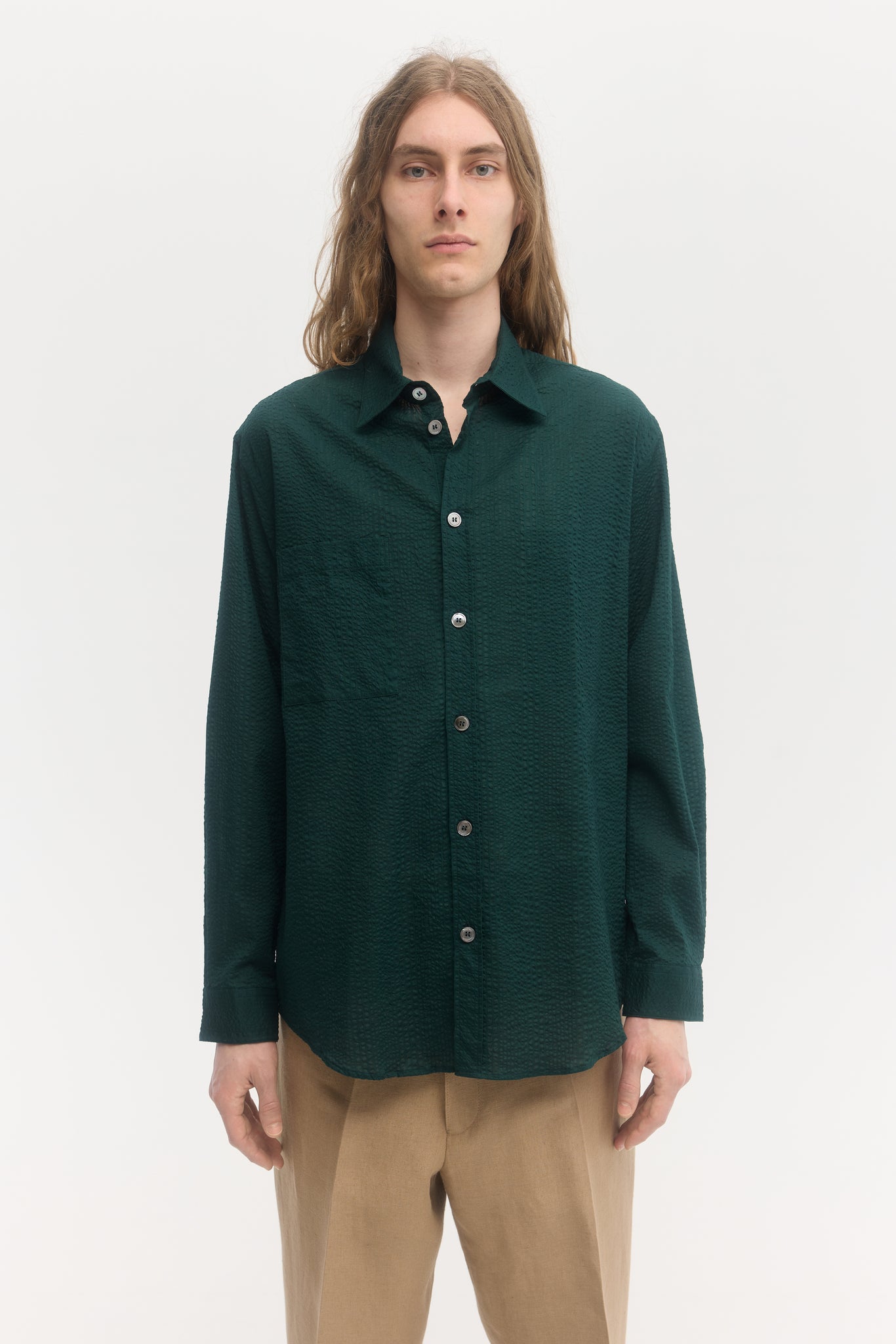 Pine cotton seersucker long-sleeve shirt