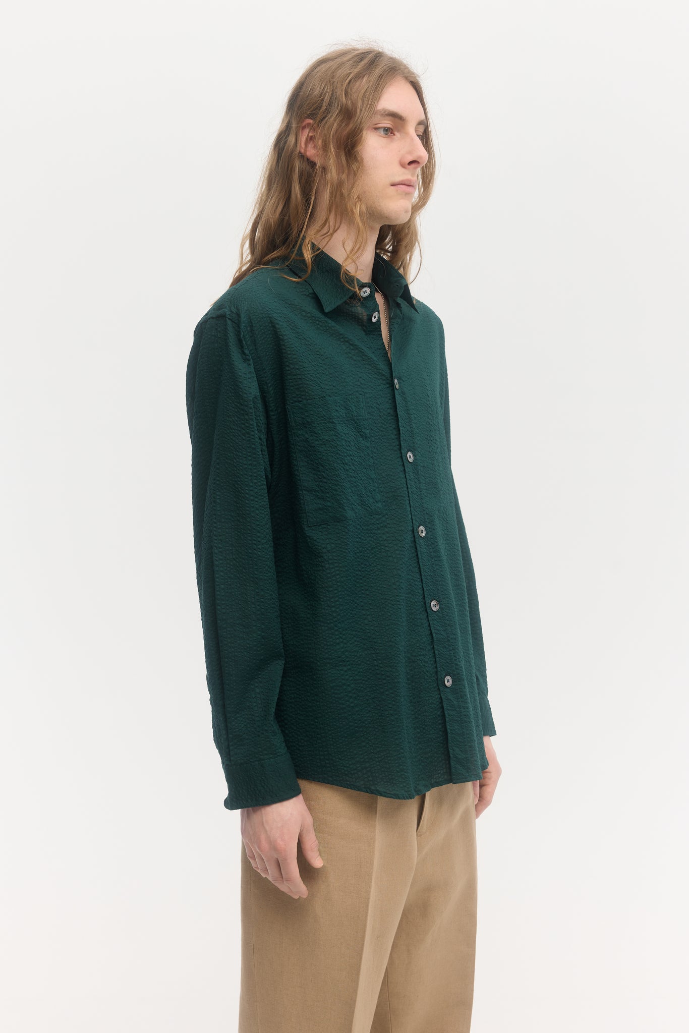 Chemise à manches longues en crépon de coton vert pin
