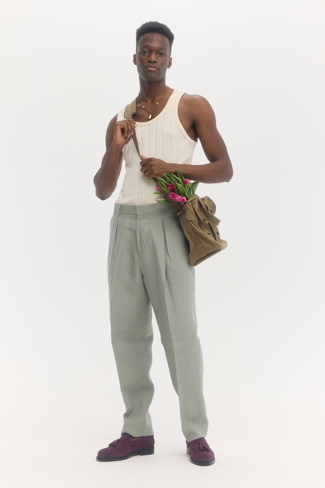 Pantalons parachute en lin vert sauge
