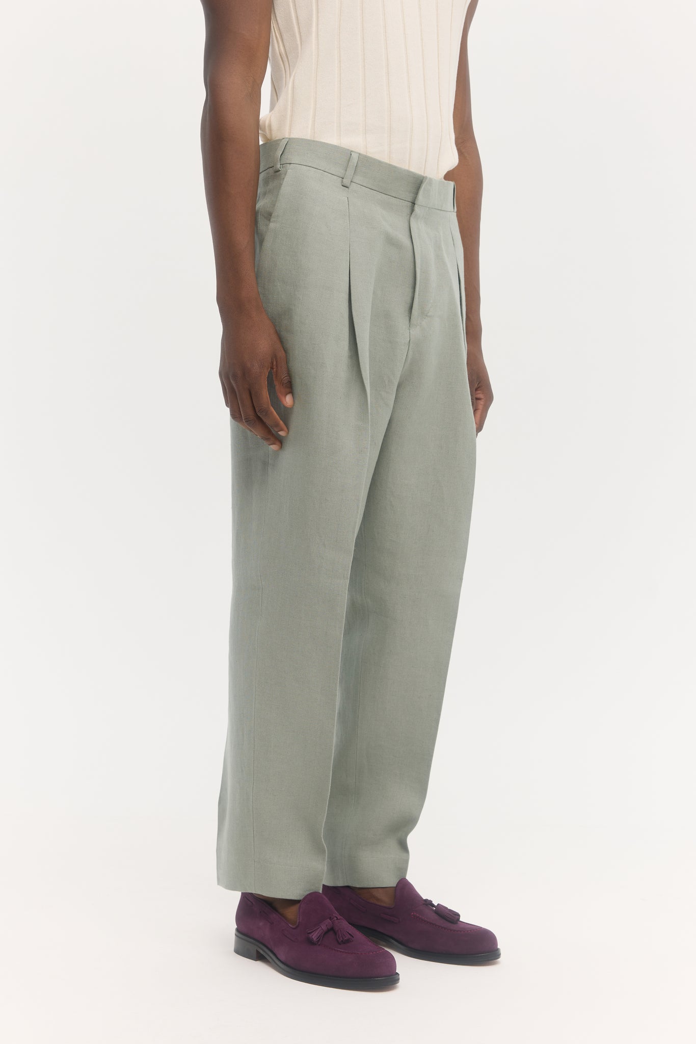 Pantalons parachute en lin vert sauge