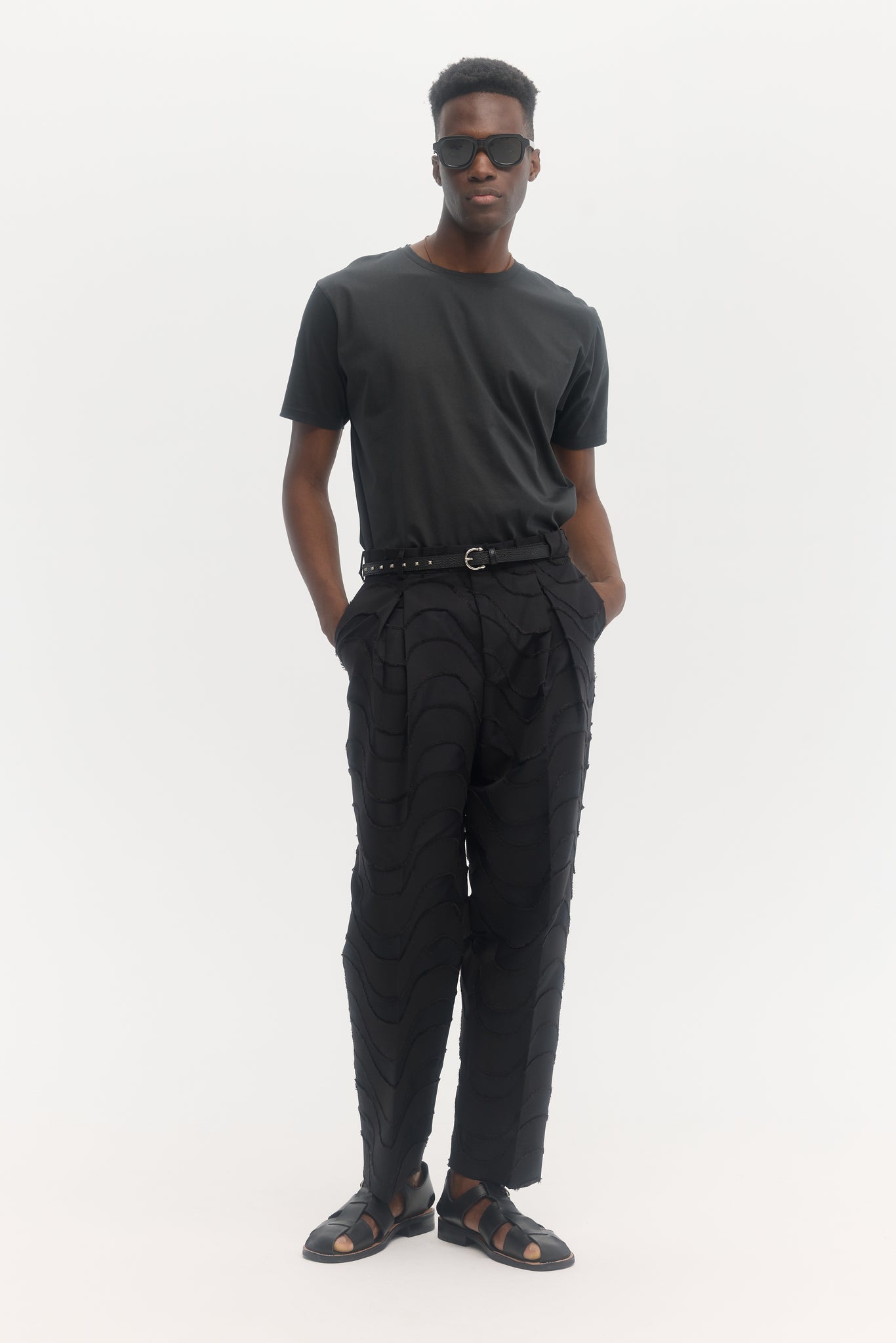 Black wave cut jacquard parachute trousers