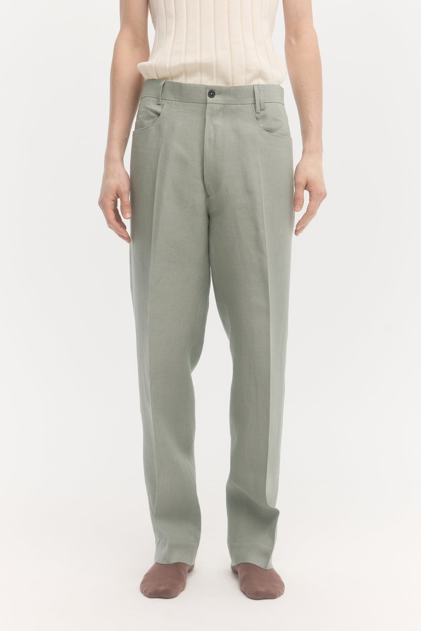 Pantalon droit en lin vert sauge