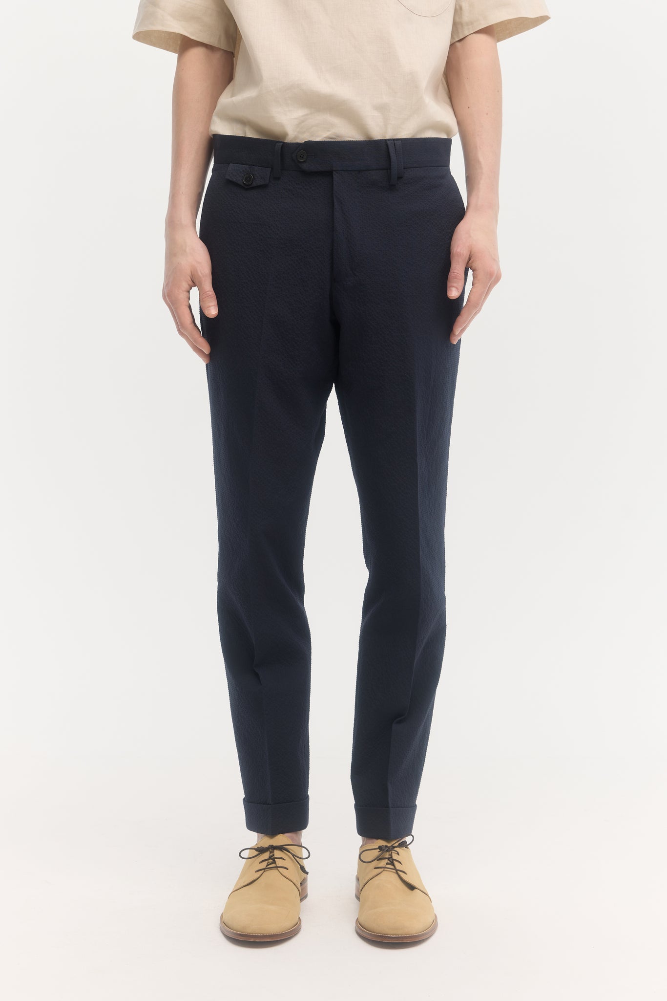 Navy cotton seersucker tapered trousers