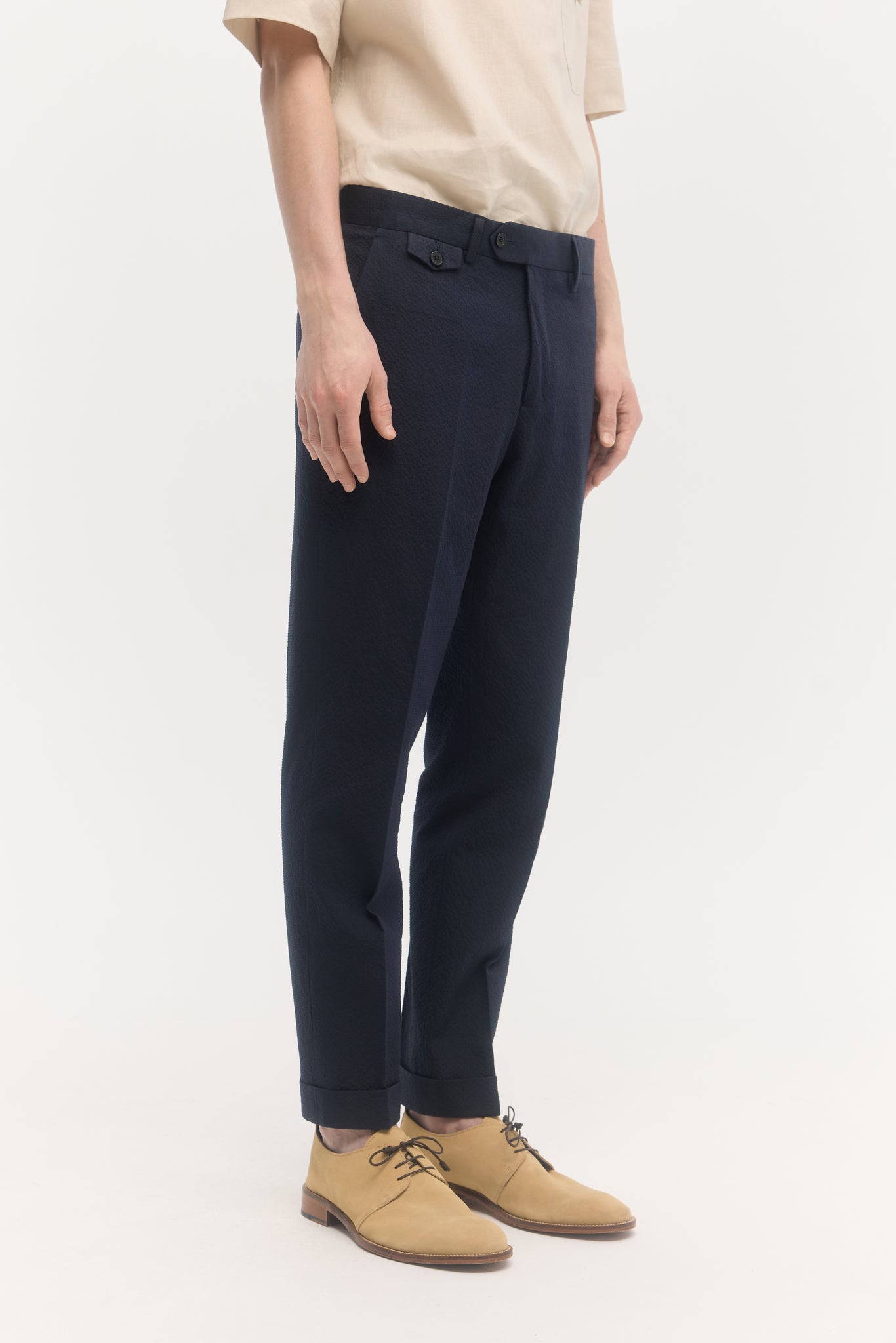 Navy cotton seersucker tapered trousers