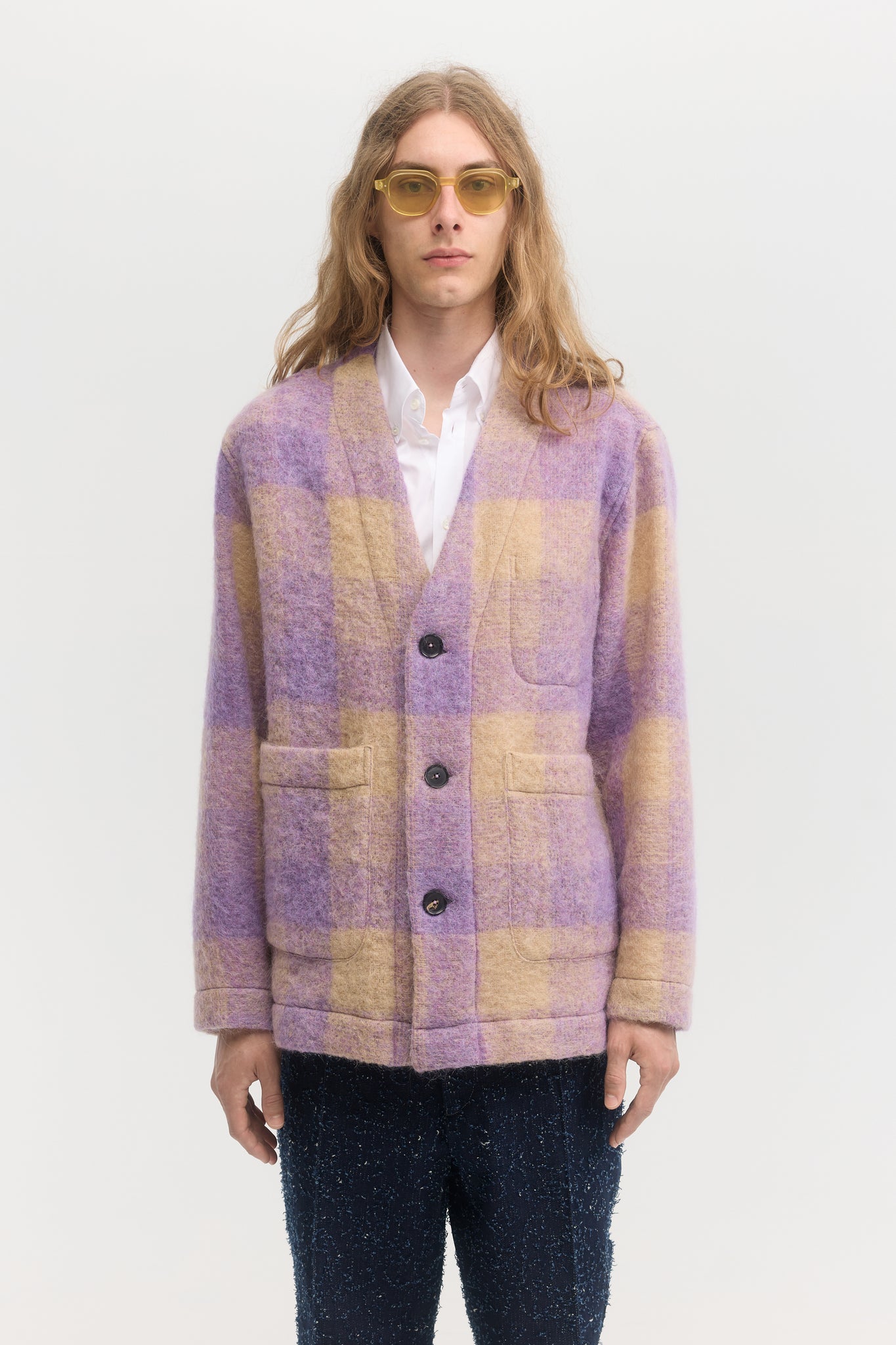 Purple shaggy plaid wool mohair cardigan jacket