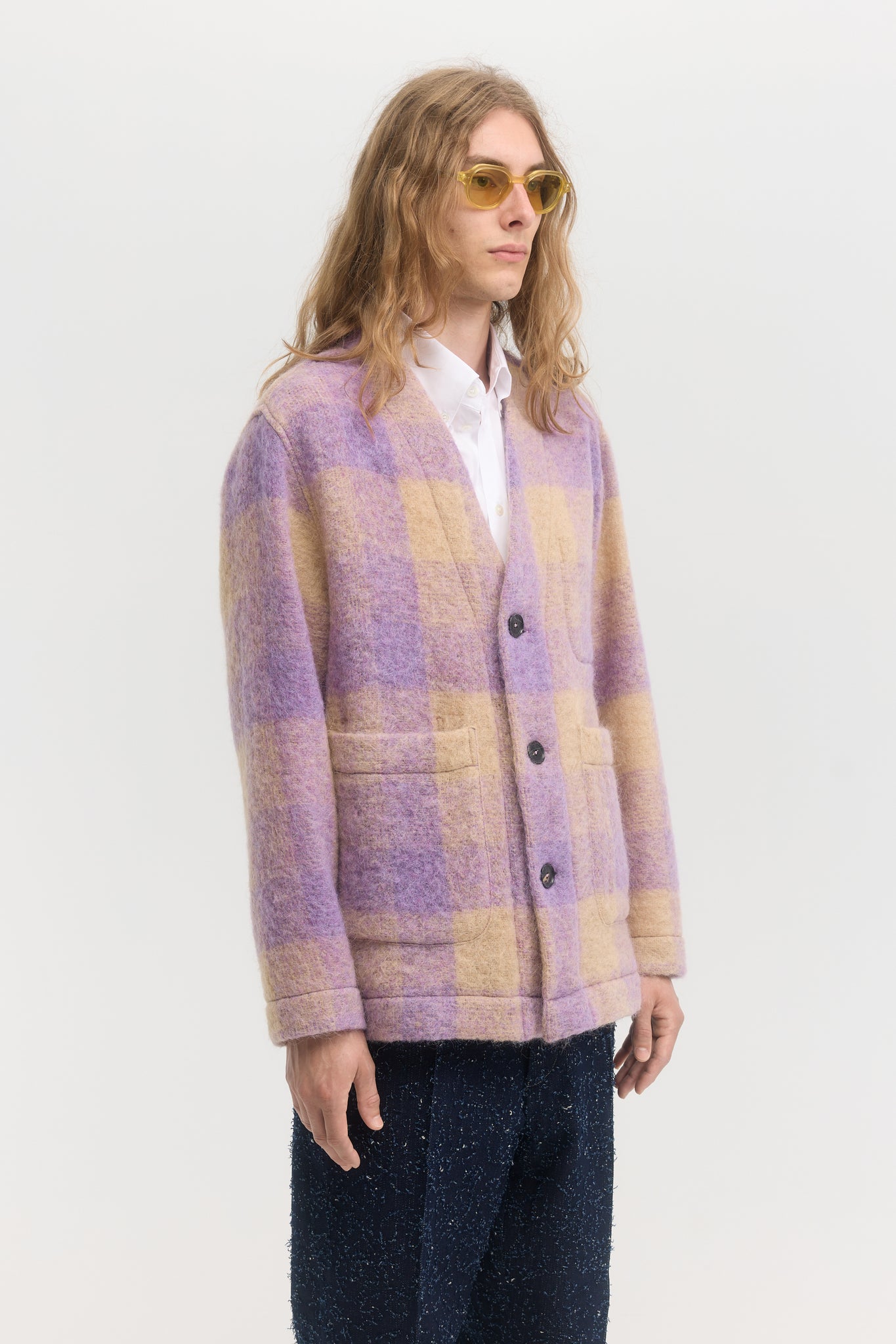Purple shaggy plaid wool mohair cardigan jacket