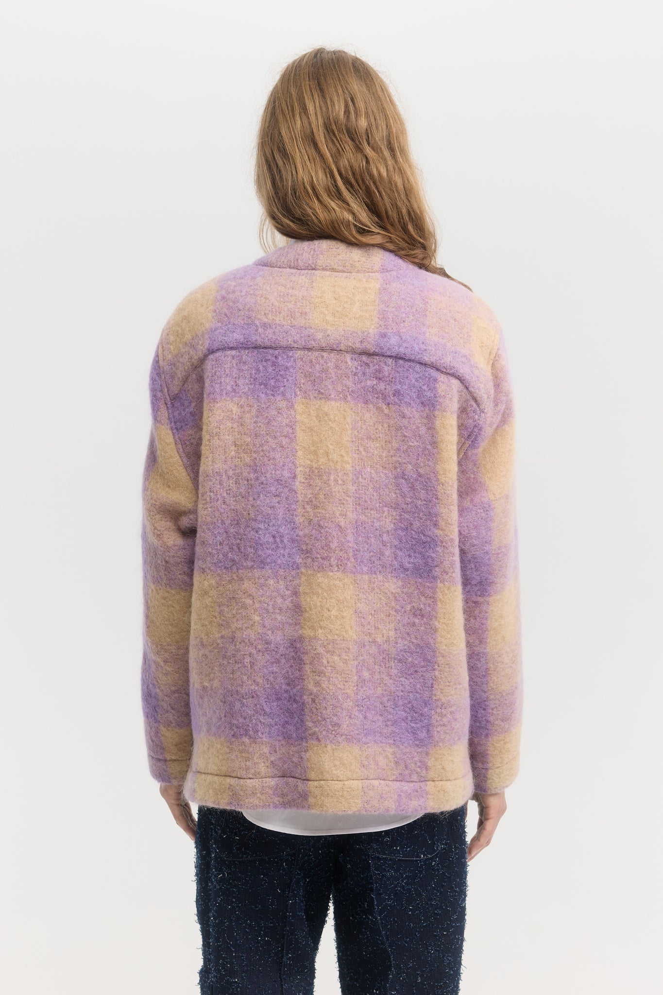 Purple shaggy plaid wool mohair cardigan jacket