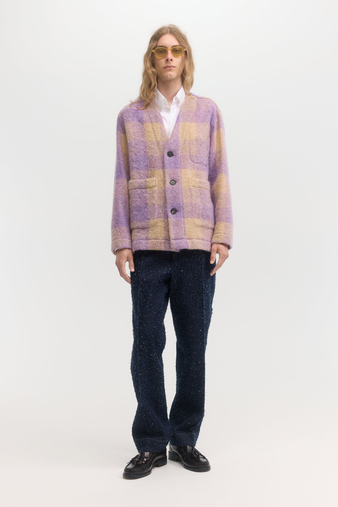 Purple shaggy plaid wool mohair cardigan jacket