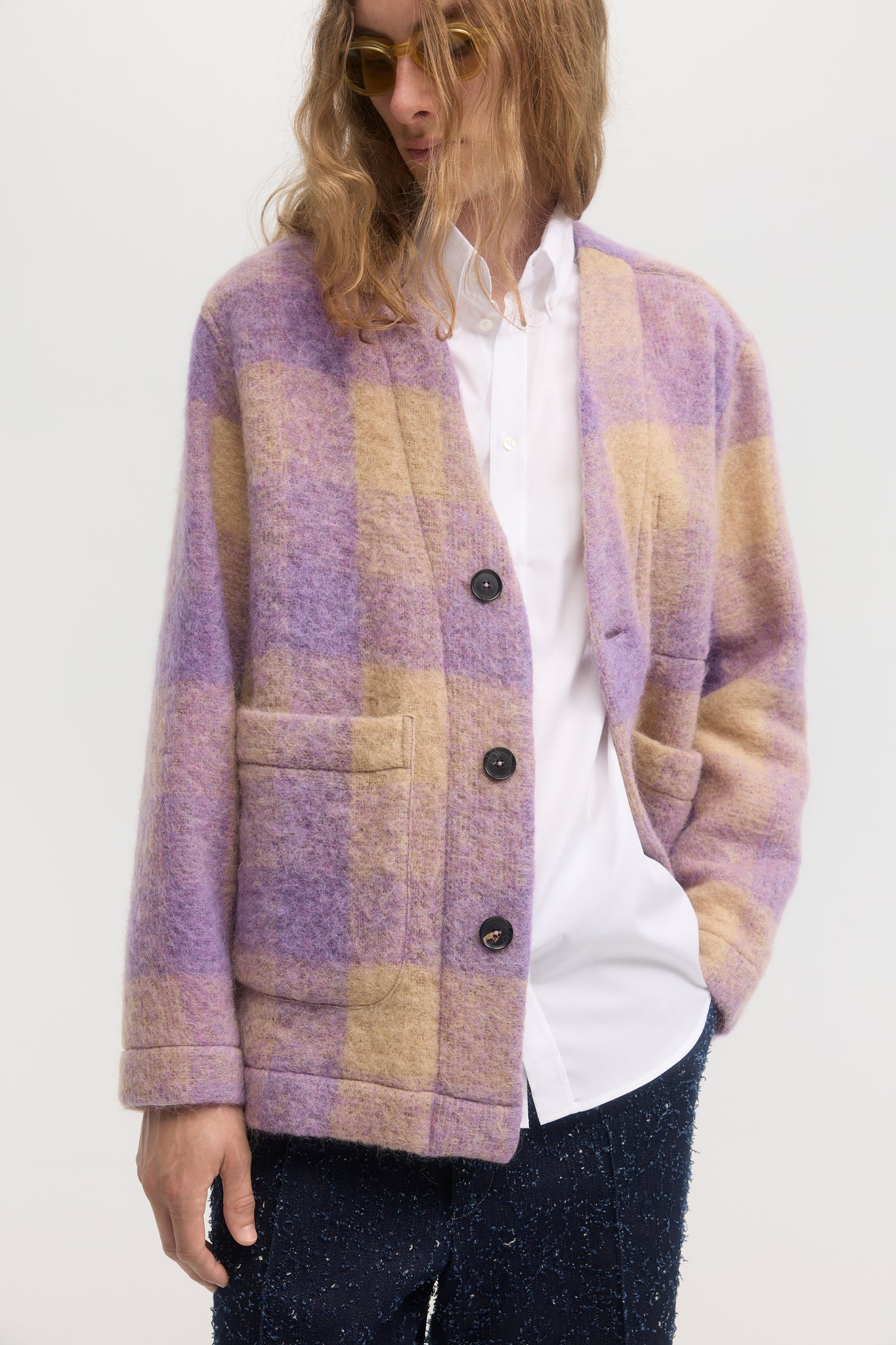 Purple shaggy plaid wool mohair cardigan jacket