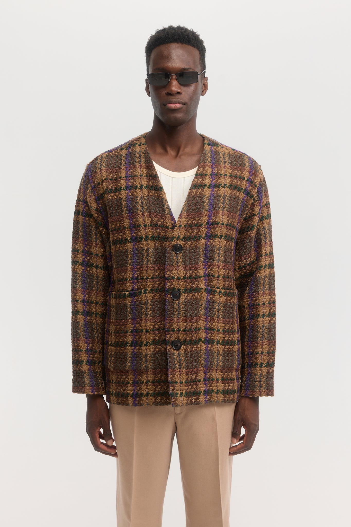 Fragmented check knitted tweed cardigan jacket