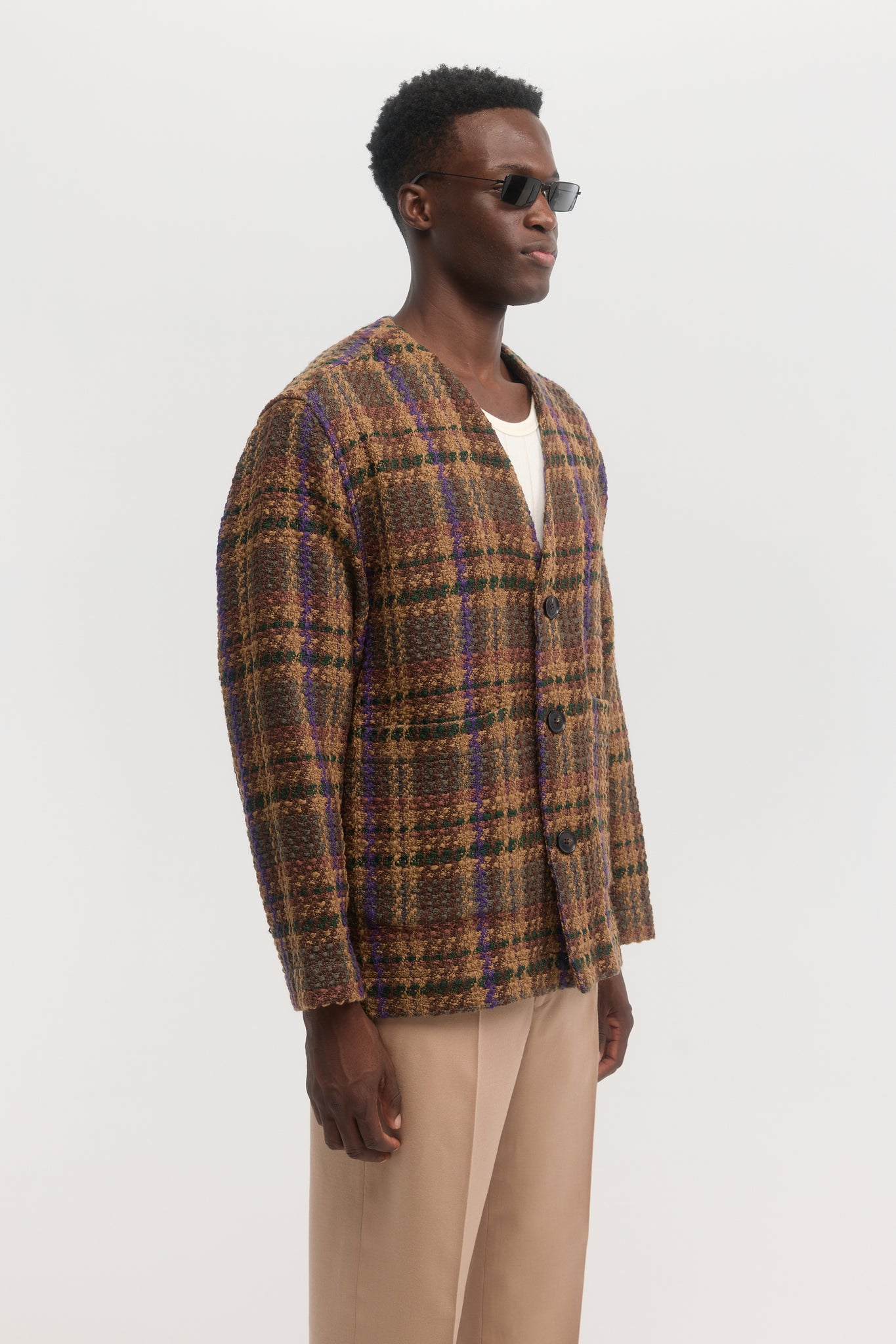 Fragmented check knitted tweed cardigan jacket