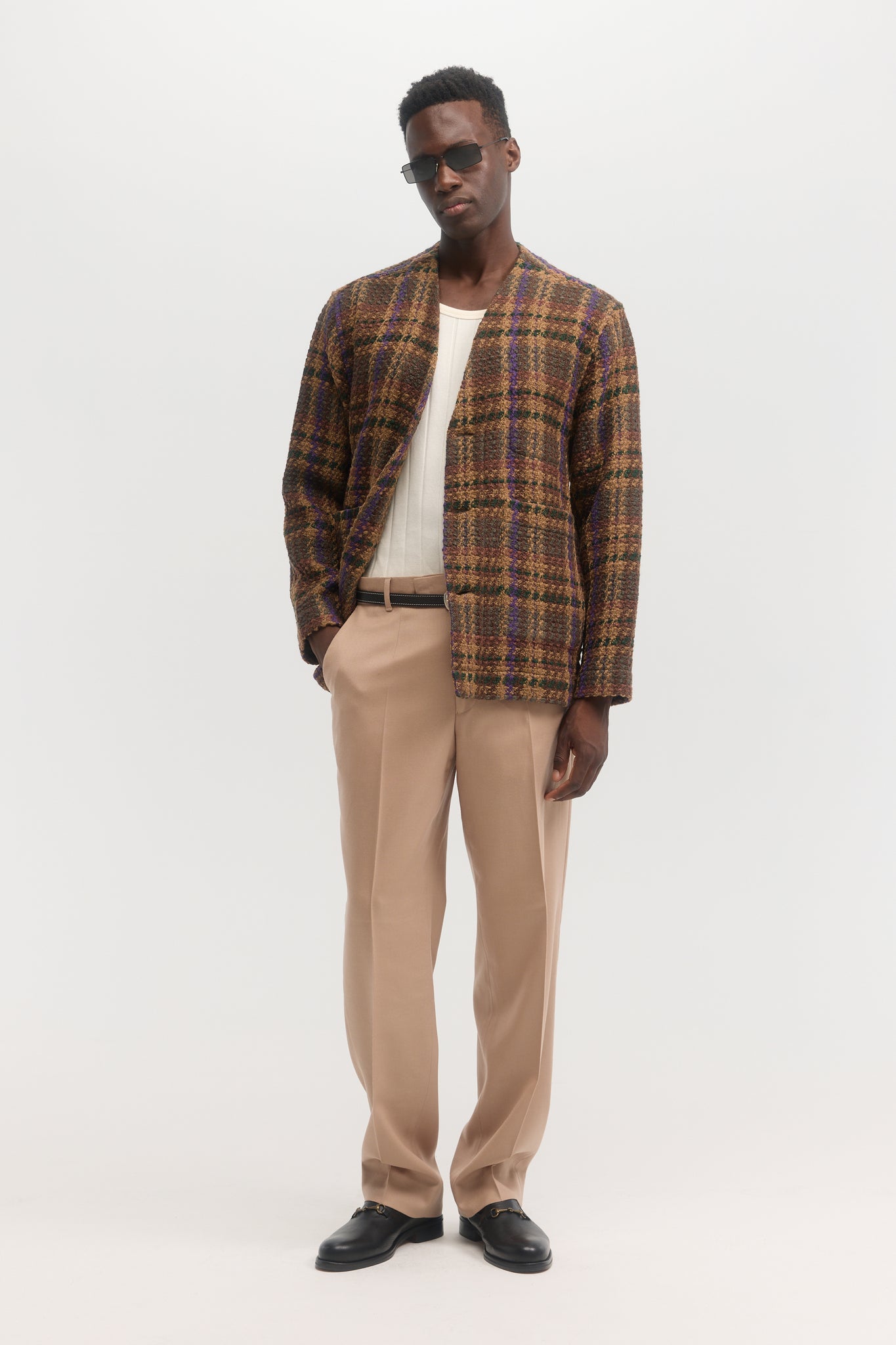 Fragmented check knitted tweed cardigan jacket