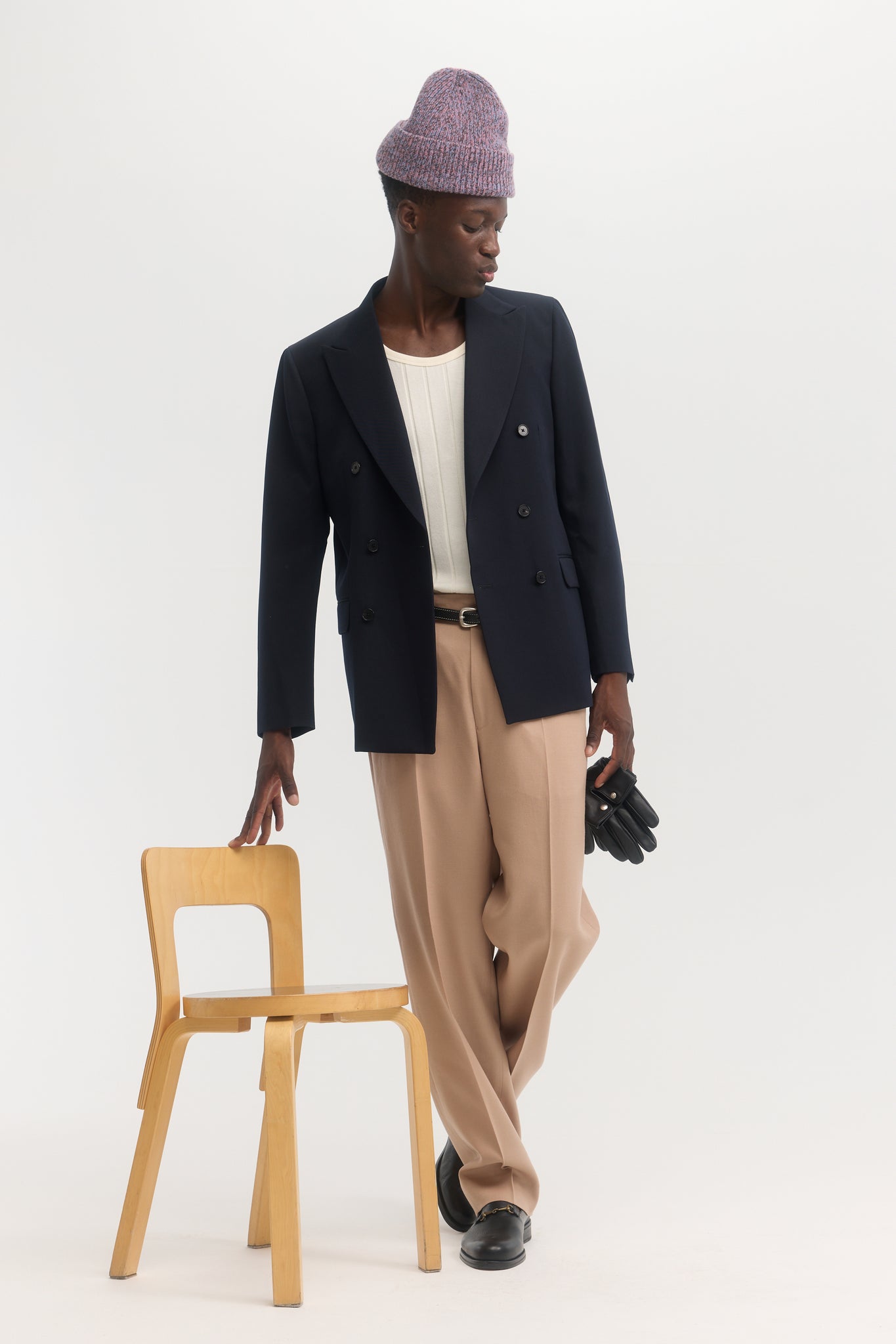 Dark navy virgin wool gabardine double breasted blazer