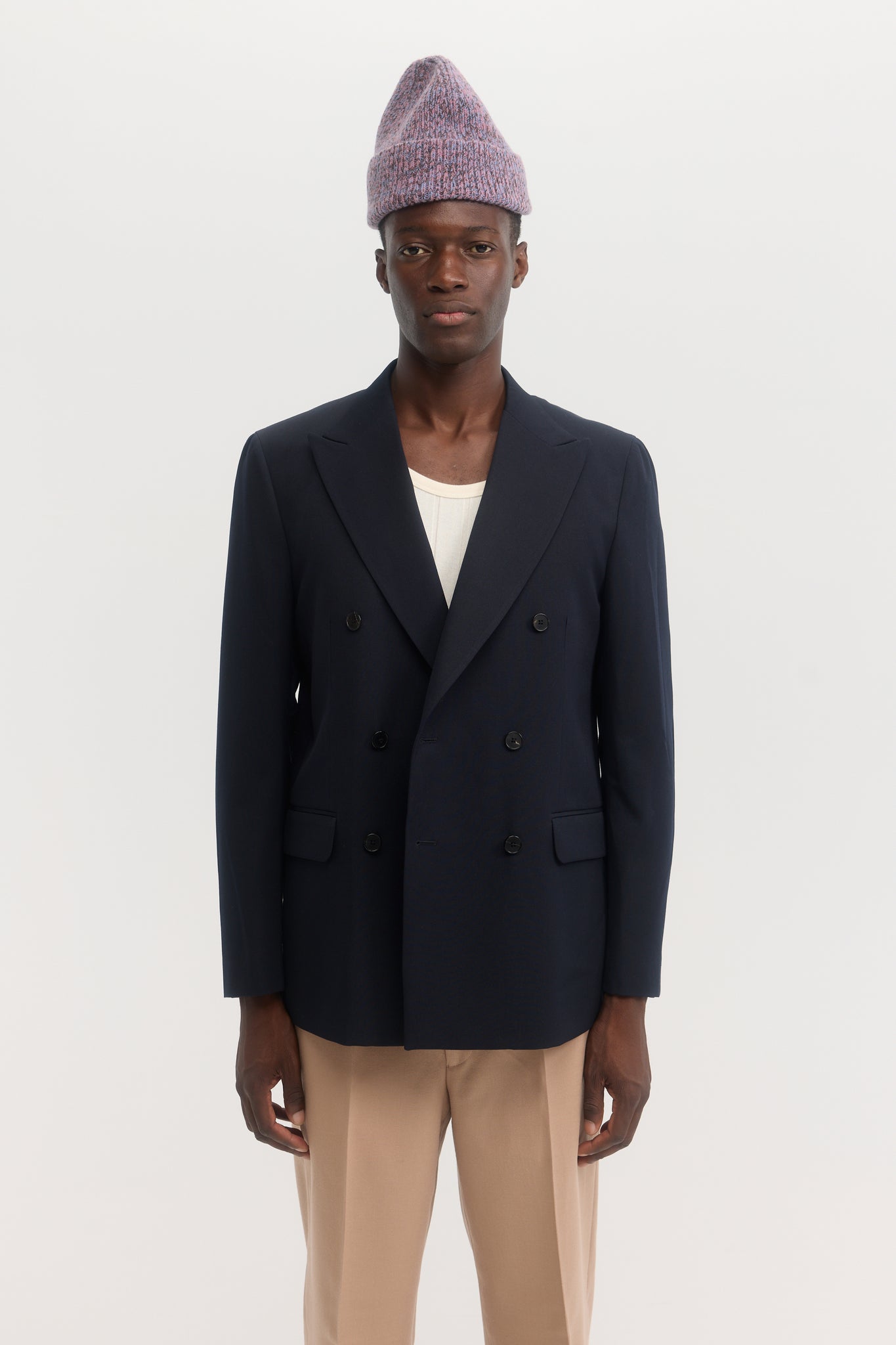 Dark navy virgin wool gabardine double breasted blazer