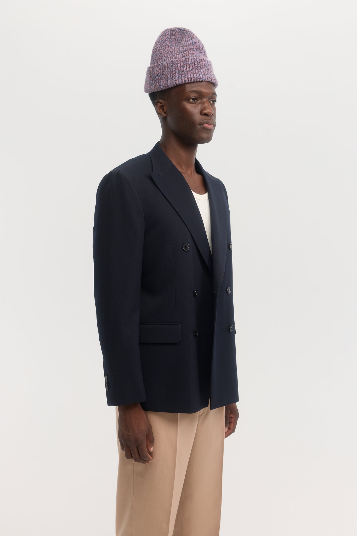 Dark navy virgin wool gabardine double breasted blazer