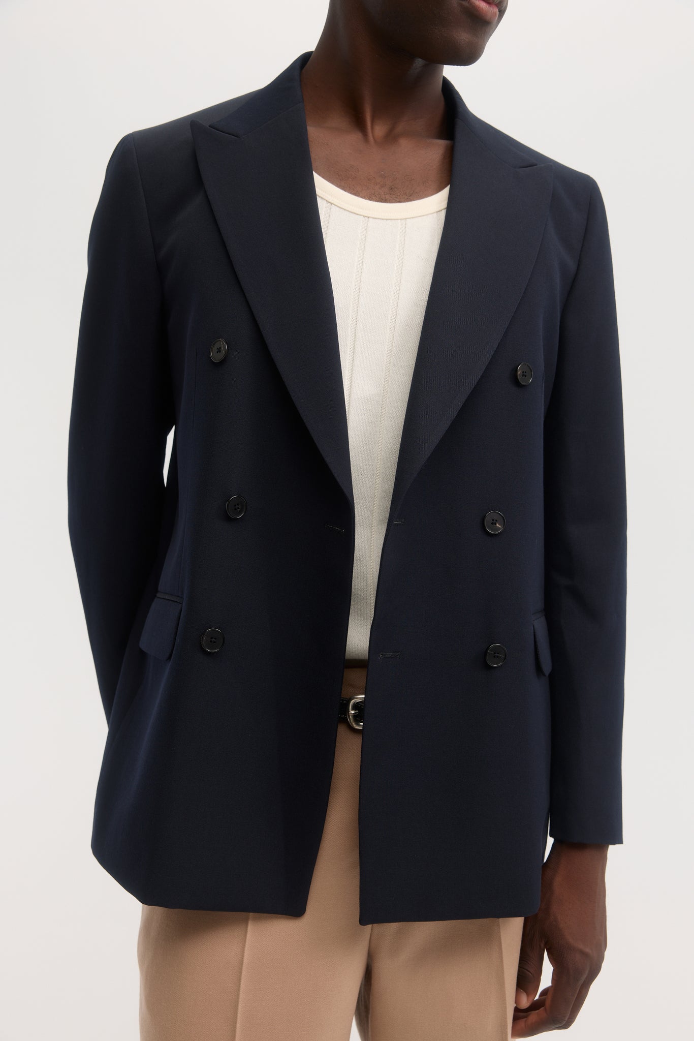 Dark navy virgin wool gabardine double breasted blazer