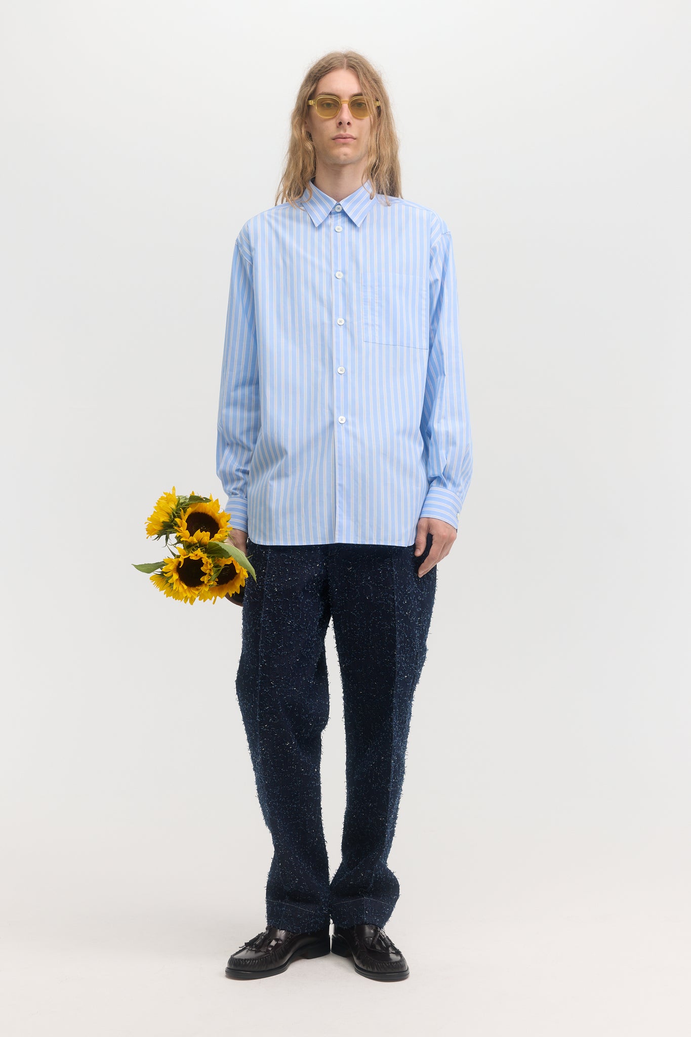Chemise en popeline mercerisée à rayures vintage bleu clair