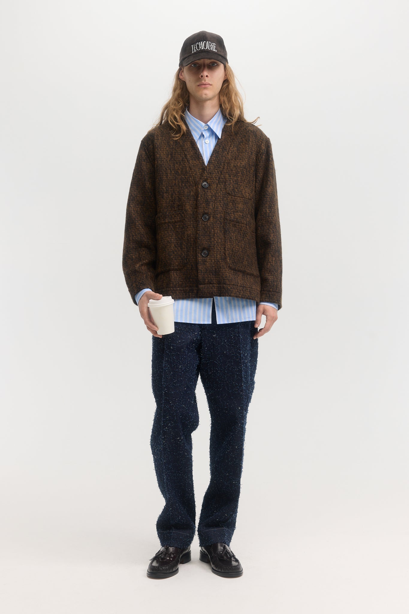 Brown brushed tweed wool mohair cardigan jacket