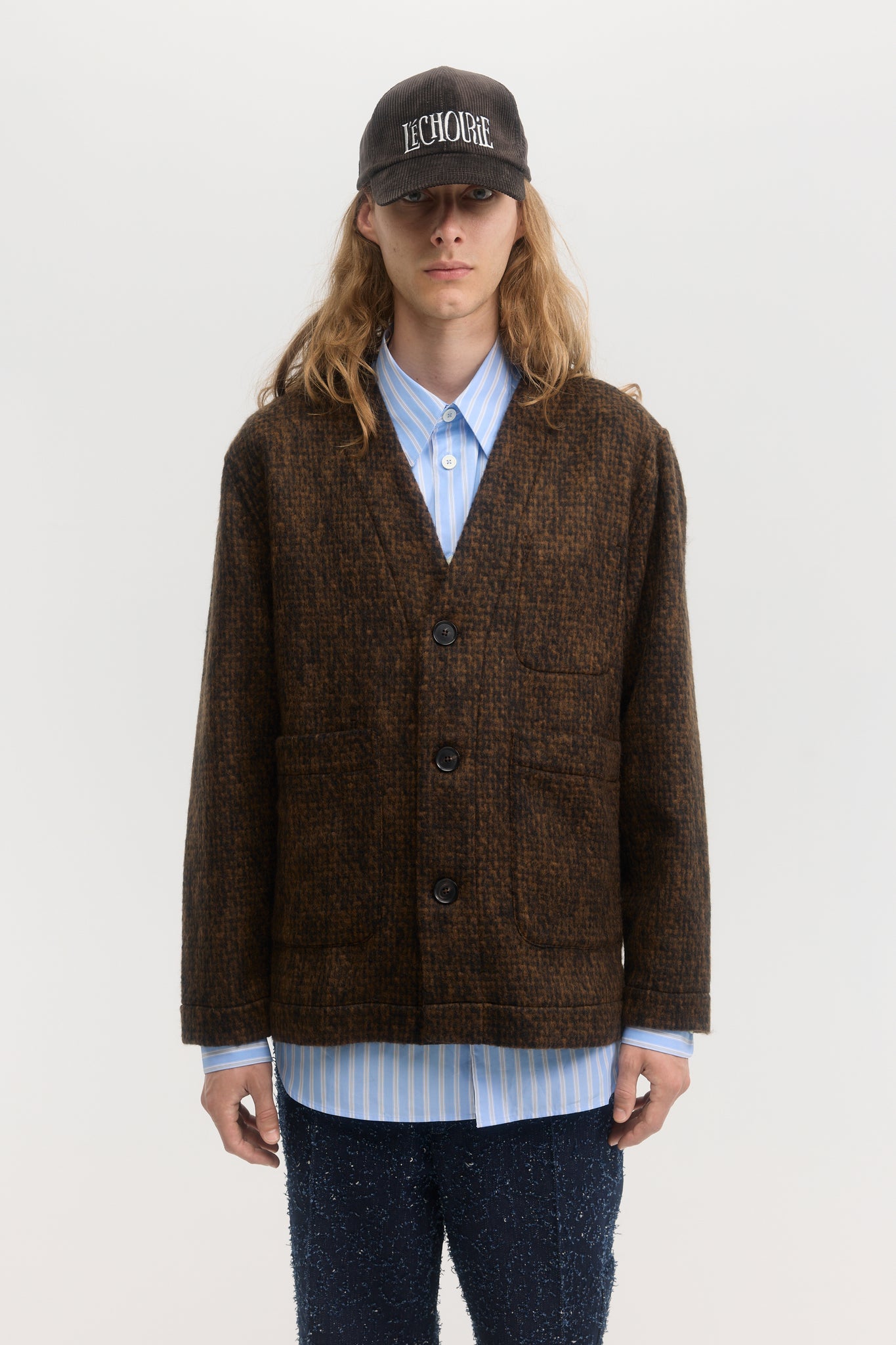Brown brushed tweed wool mohair cardigan jacket