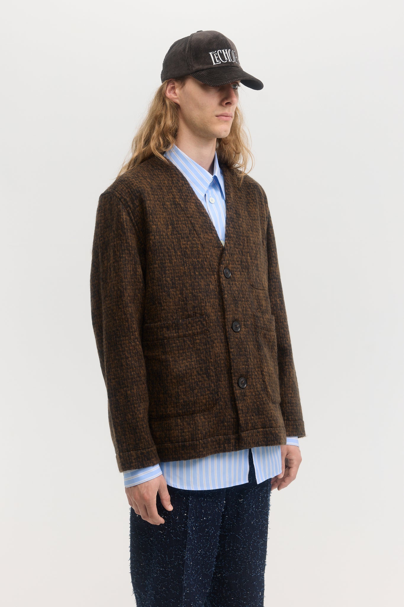 Brown brushed tweed wool mohair cardigan jacket