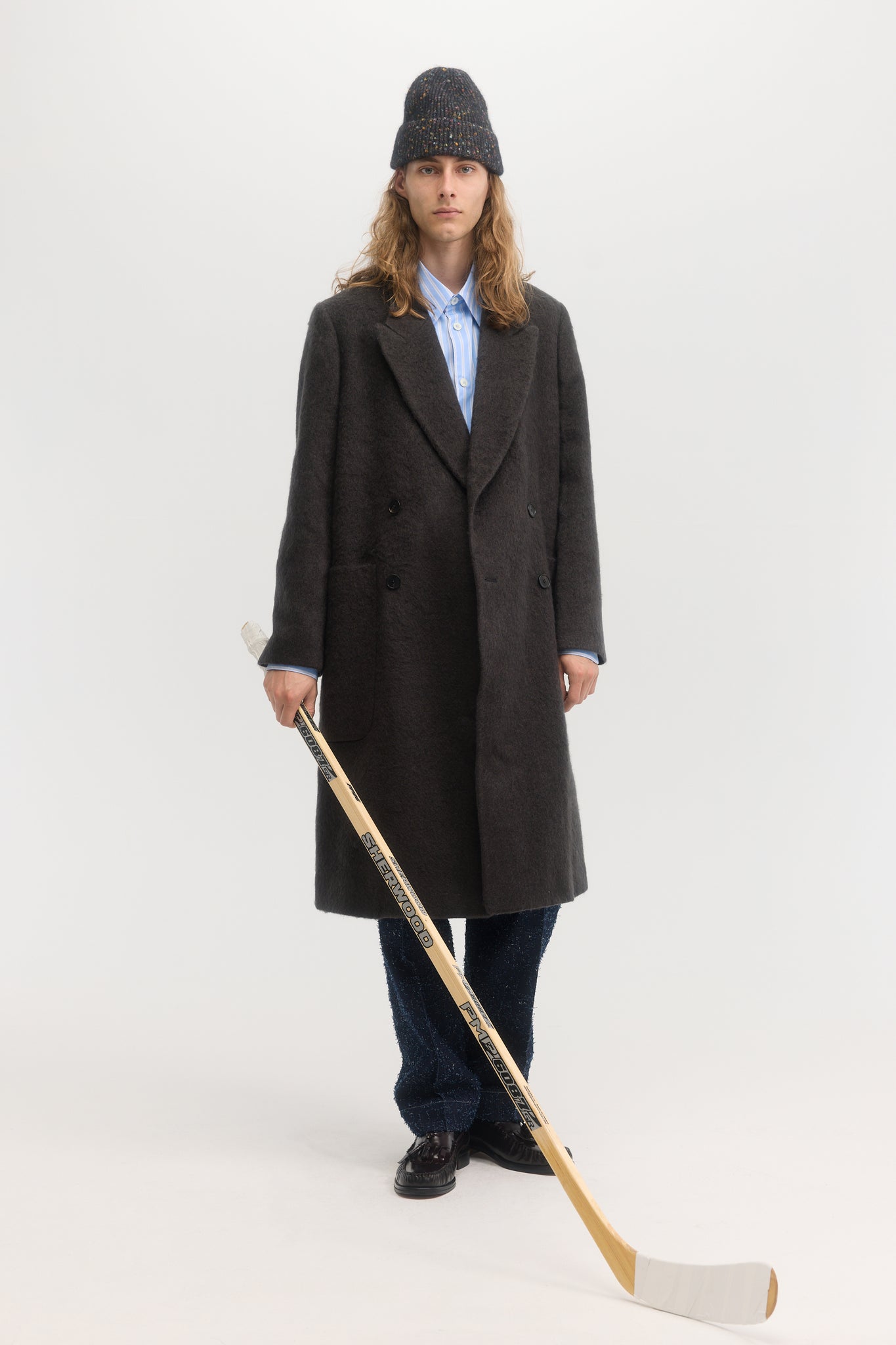 Manteau croisé en laine mohair brossé charbon