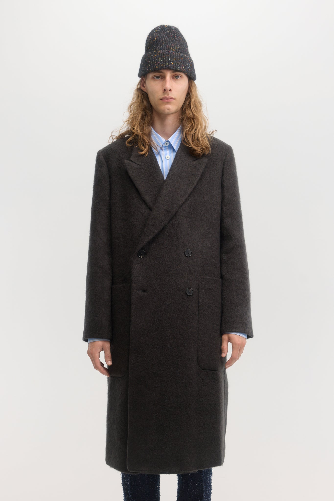 Manteau croisé en laine mohair brossé charbon