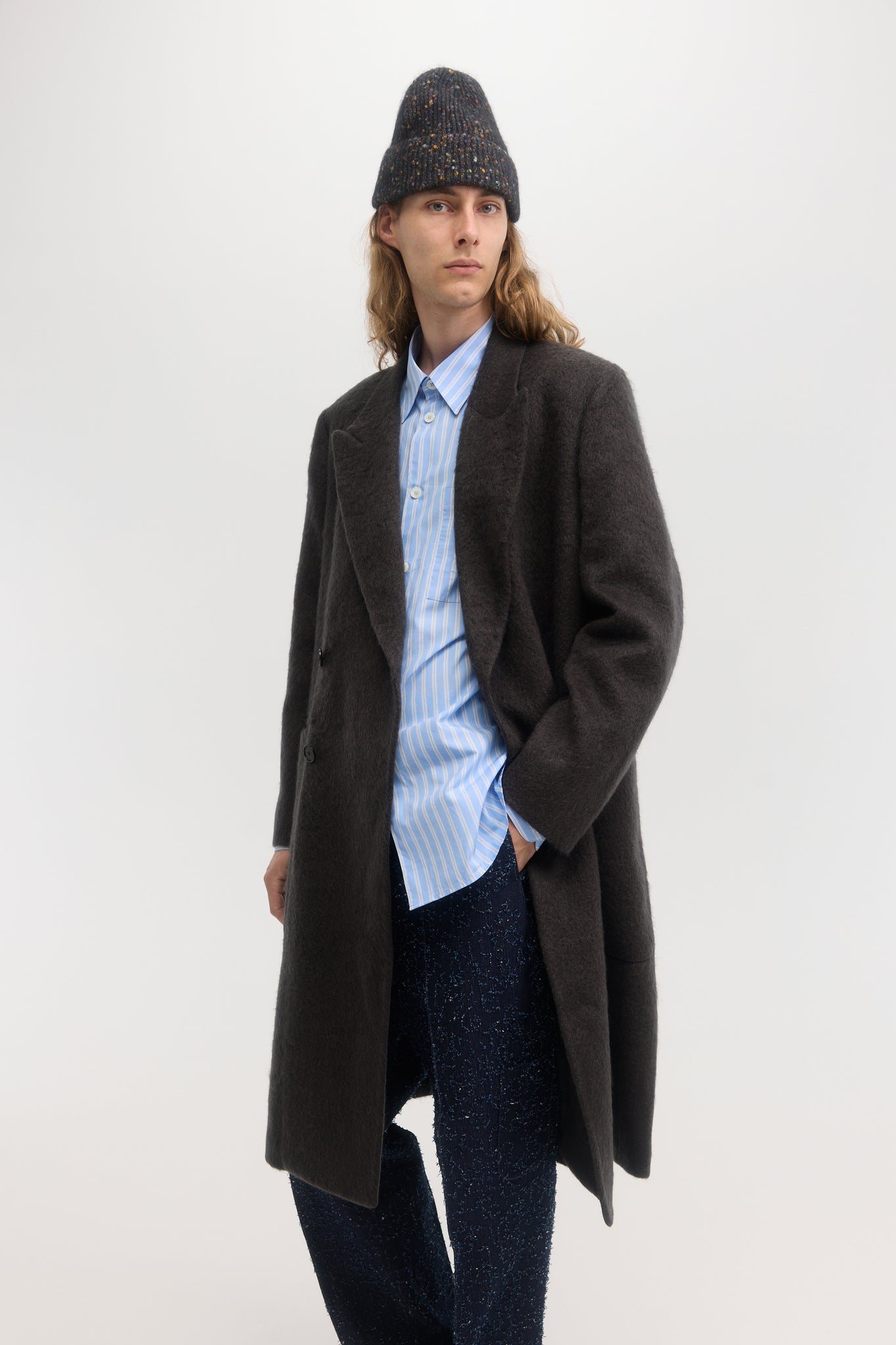 Manteau croisé en laine mohair brossé charbon