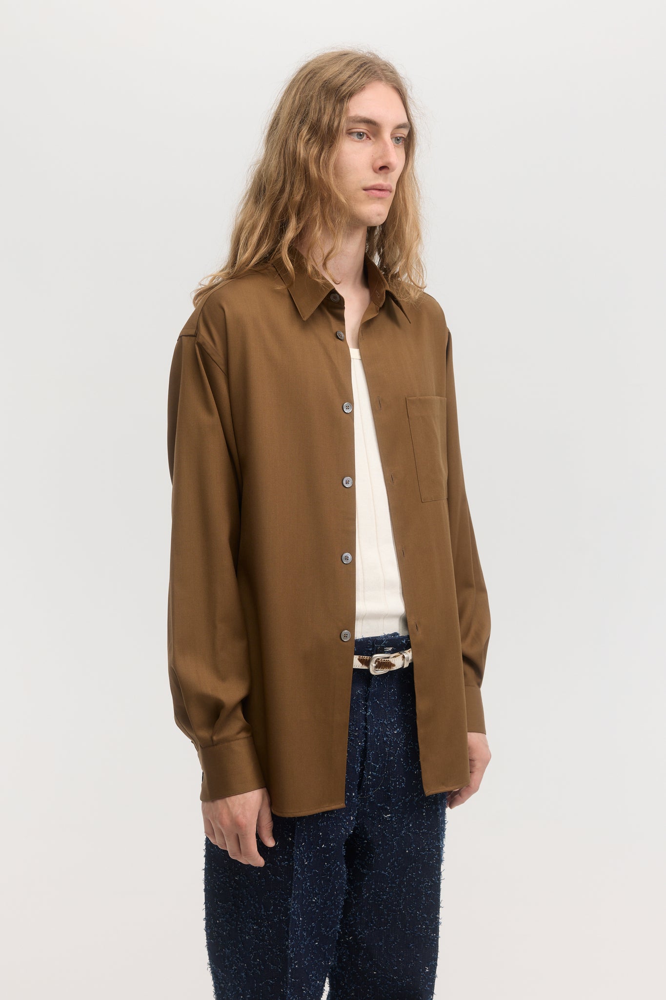 Chemise relax en laine vierge super 110's cannelle