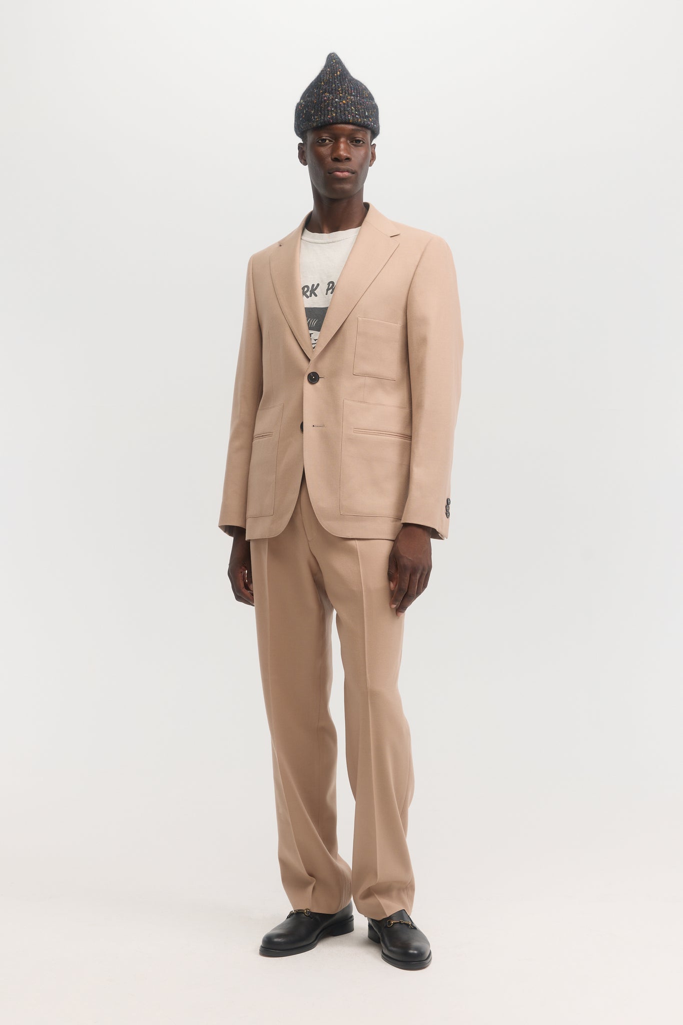 Pantalons droits en laine twill brossée vieux rose
