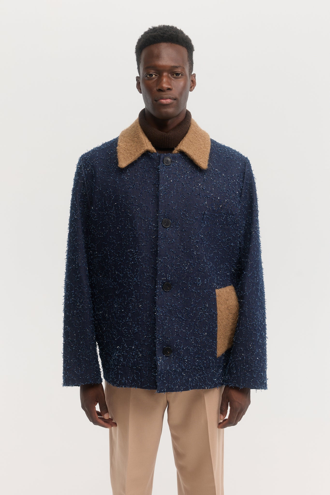 Distressed denim and boucle short coat