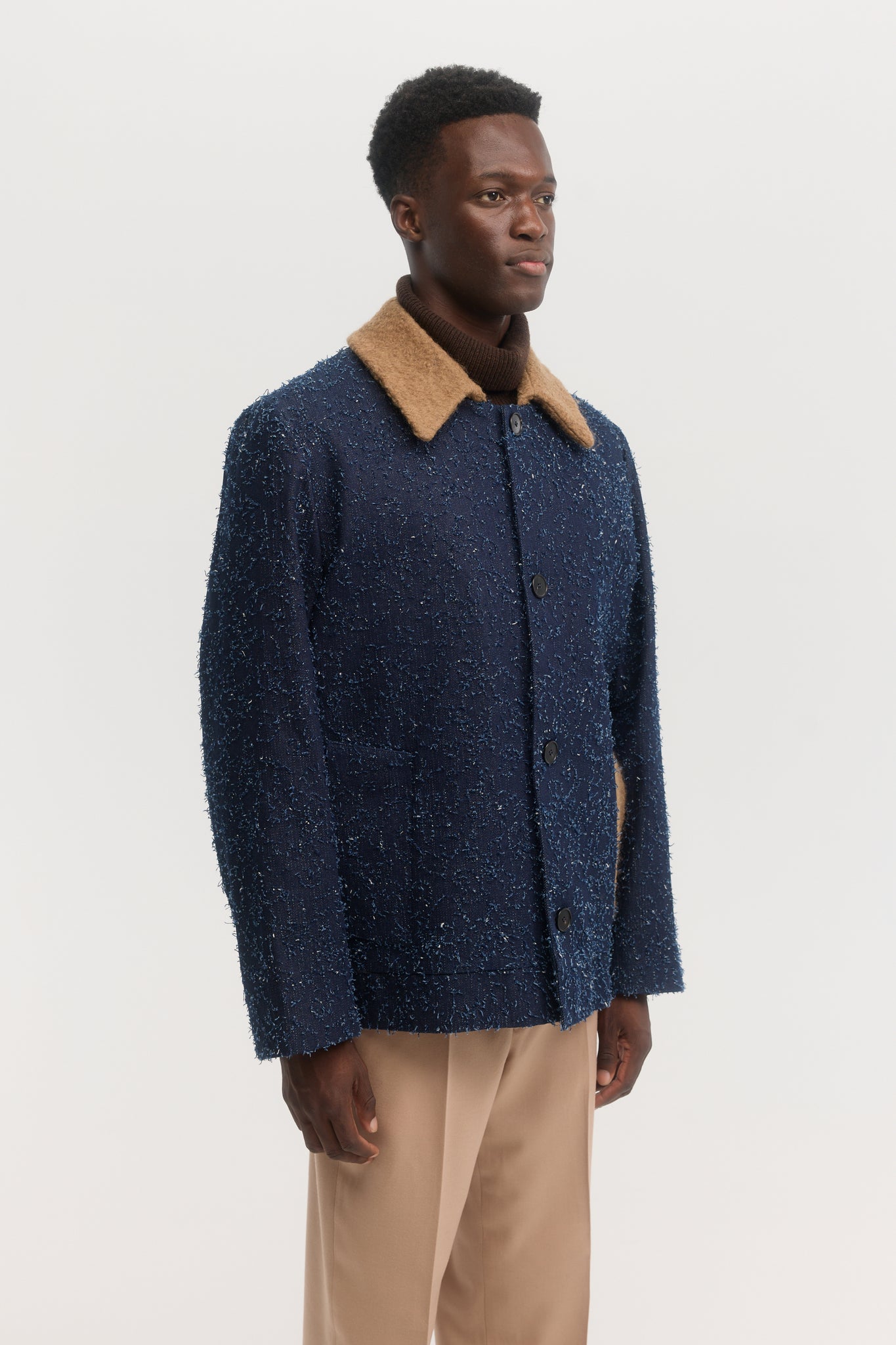 Distressed denim and boucle short coat