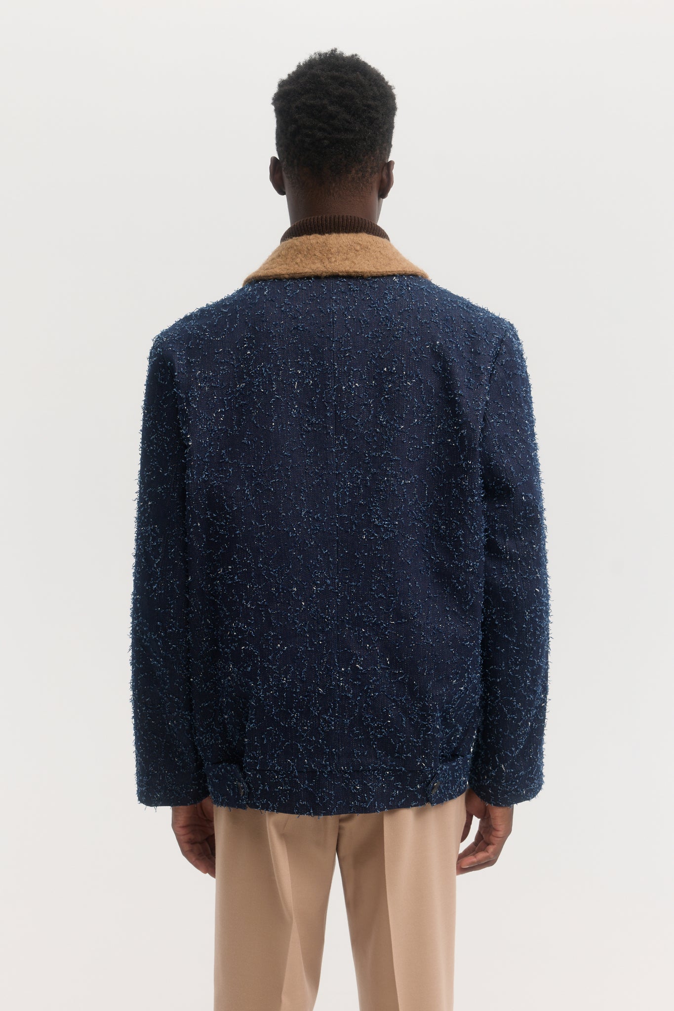 Distressed denim and boucle short coat