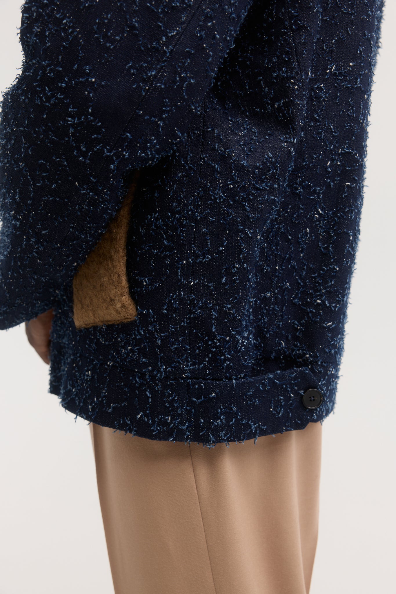 Distressed denim and boucle short coat